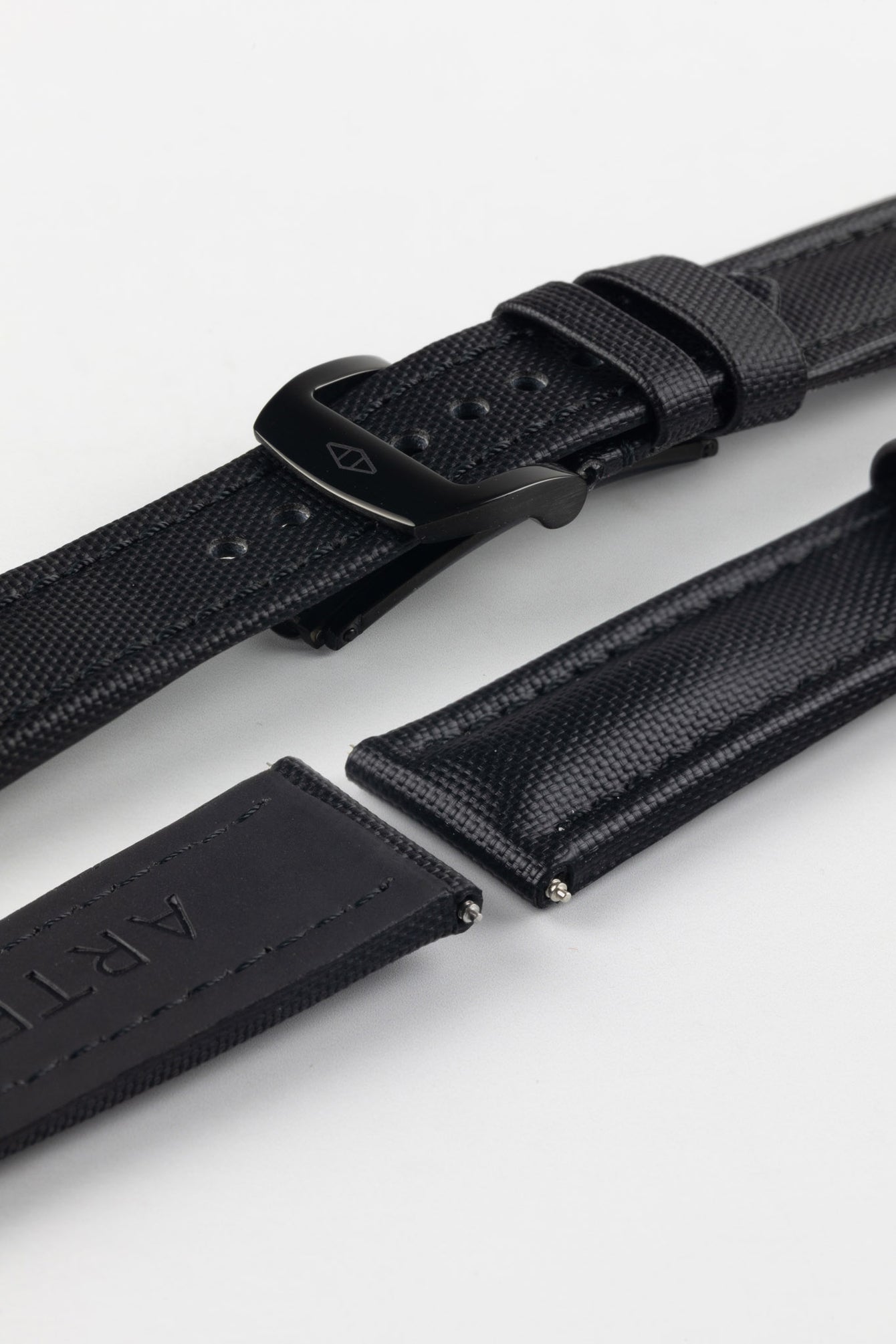 Artem Straps Classic Sailcloth in Black with black Artem logo RM style deployment clasp and rubber coated leather underside.