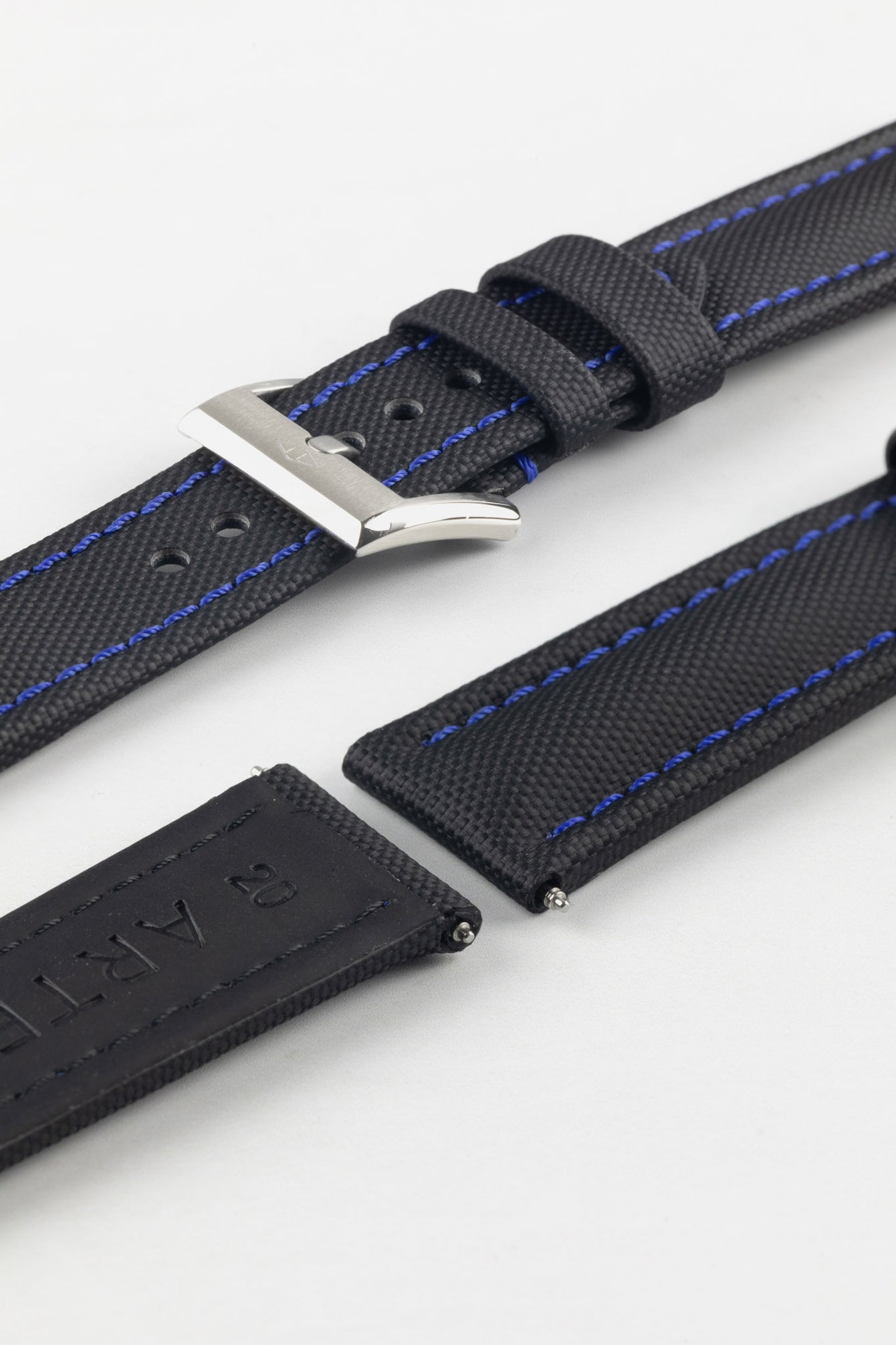 Artem Straps Classic Black Sailcloth Watch Strap with Blue Stitching