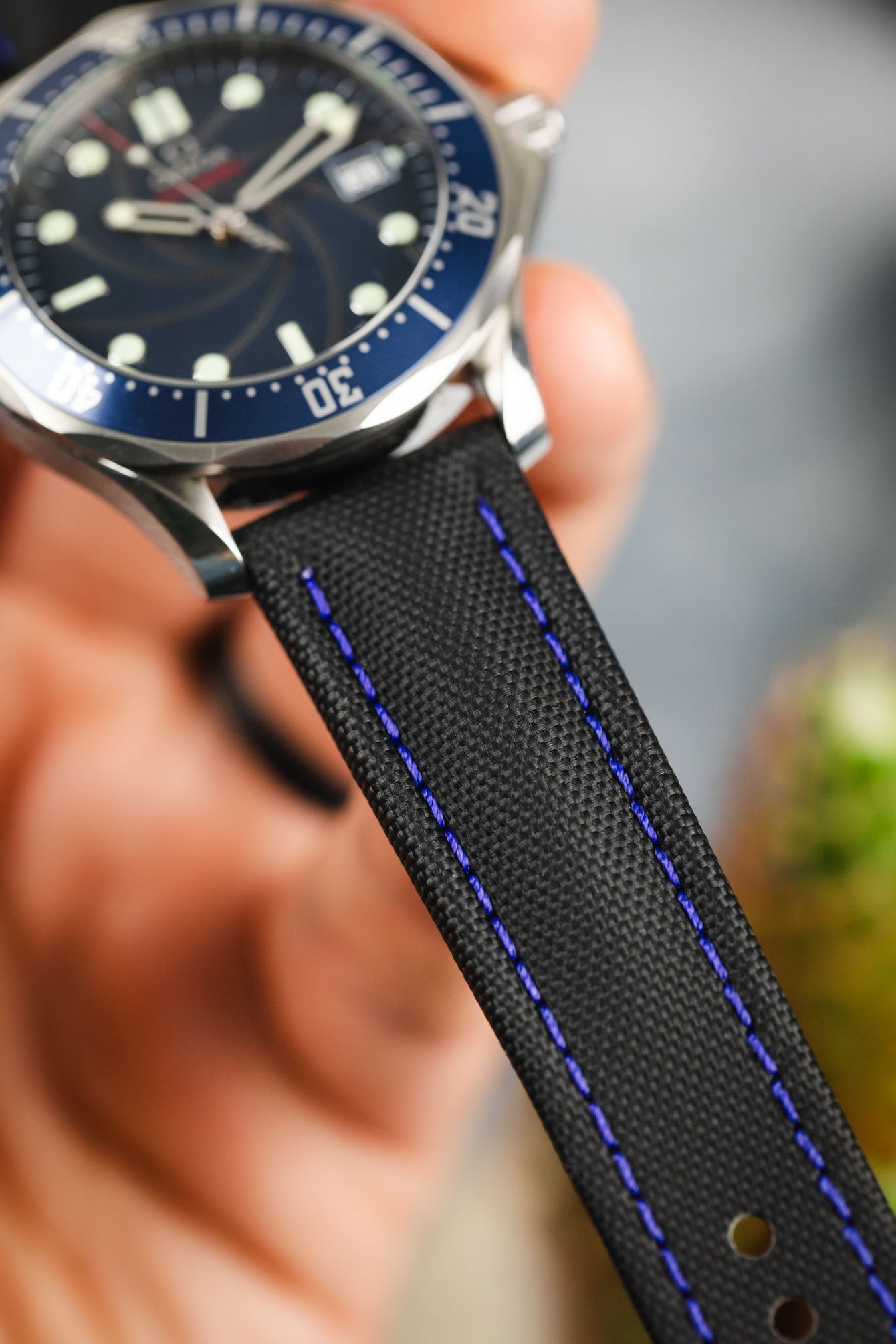 Artem Straps Classic Black Sailcloth Watch Strap with Blue Stitching