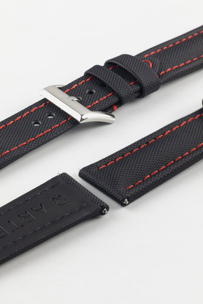 Artem Straps Classic Black Sailcloth Watch Strap with Red Stitching