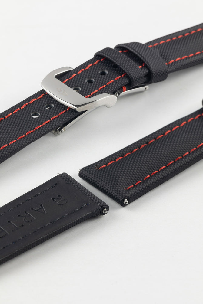 Artem Straps Classic Black Sailcloth Watch Strap with Red Stitching