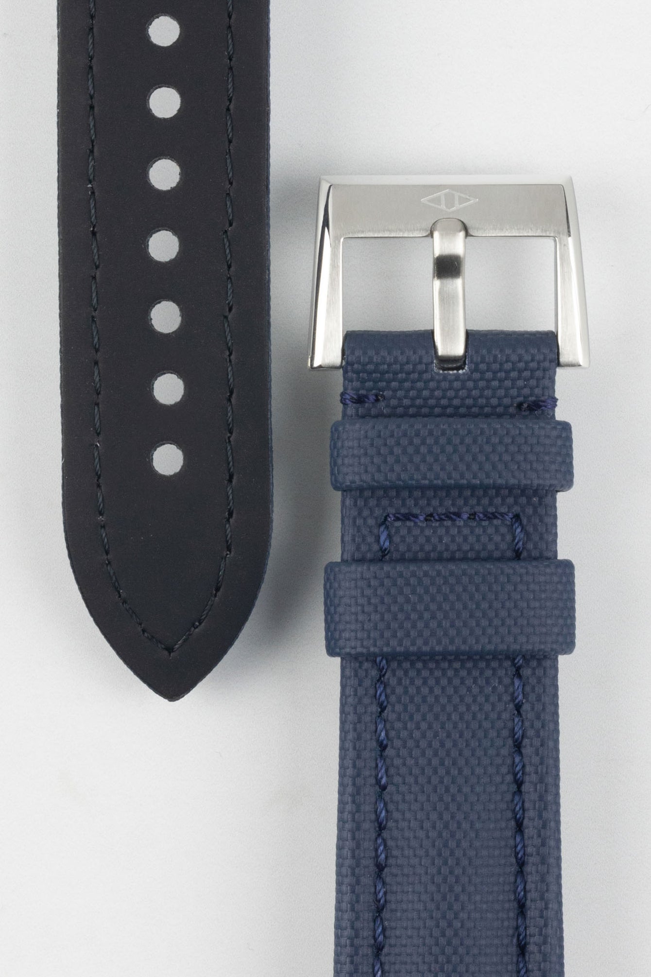 Artem Classic Navy Blue Sailcloth Watch Strap with Stainless Steel tang buckle and  black rubber  coated natural leather underside of buckle end. 