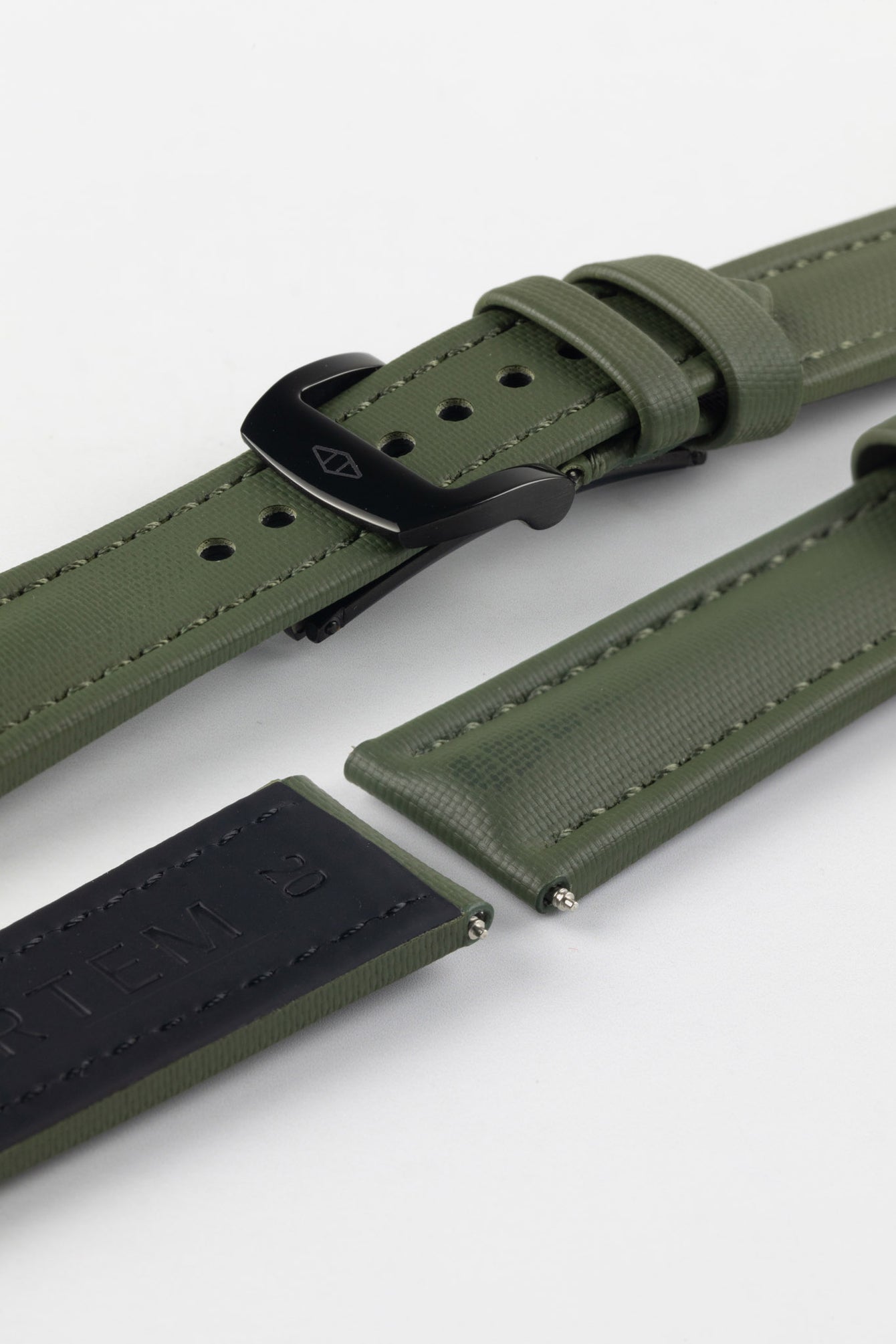 Green Artem Straps Classic Sailcloth strap with Artem embossed PVD RM style deployment clasp and topside and black rubber coated underside. 