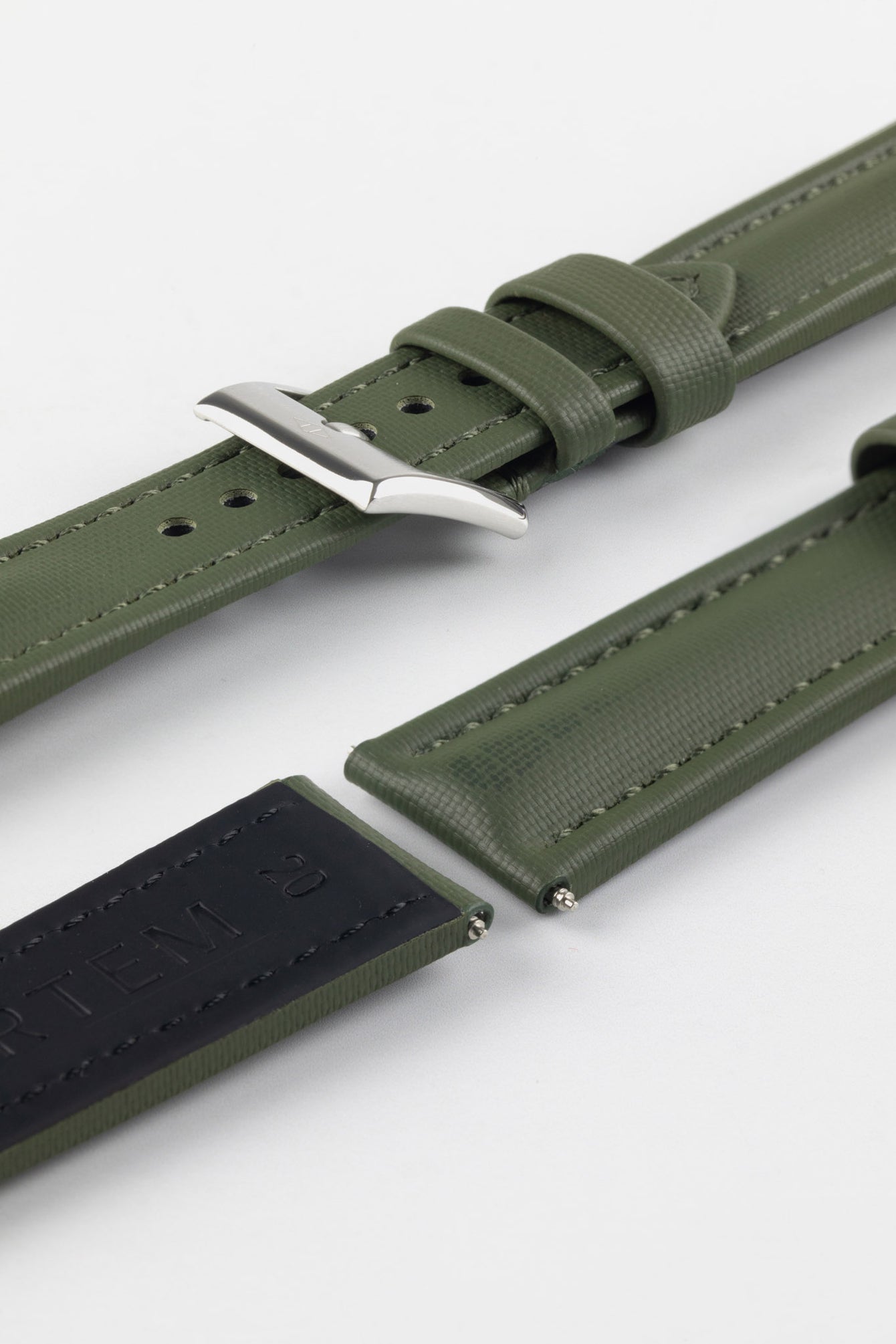 Green Artem Straps Classic Sailcloth strap with Artem embossed Stainless Steel tang buckle.