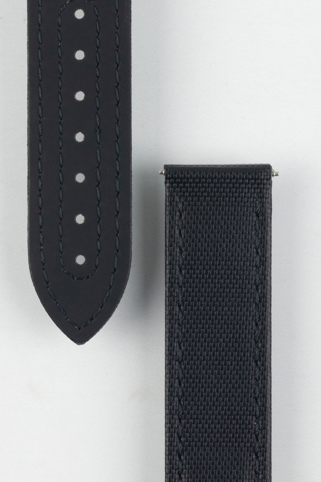 Artem Straps Loop-Less watch strap in Black with Black stitching buckle end and watch end with rubber underside and adjustment holes