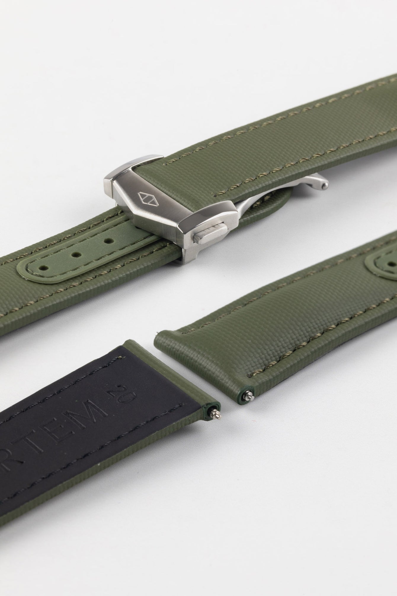 Stainless Steel Loop-Less deployment clasp attached to Artem Straps Loop-Less Sailcloth Watch Strap in Khaki Green