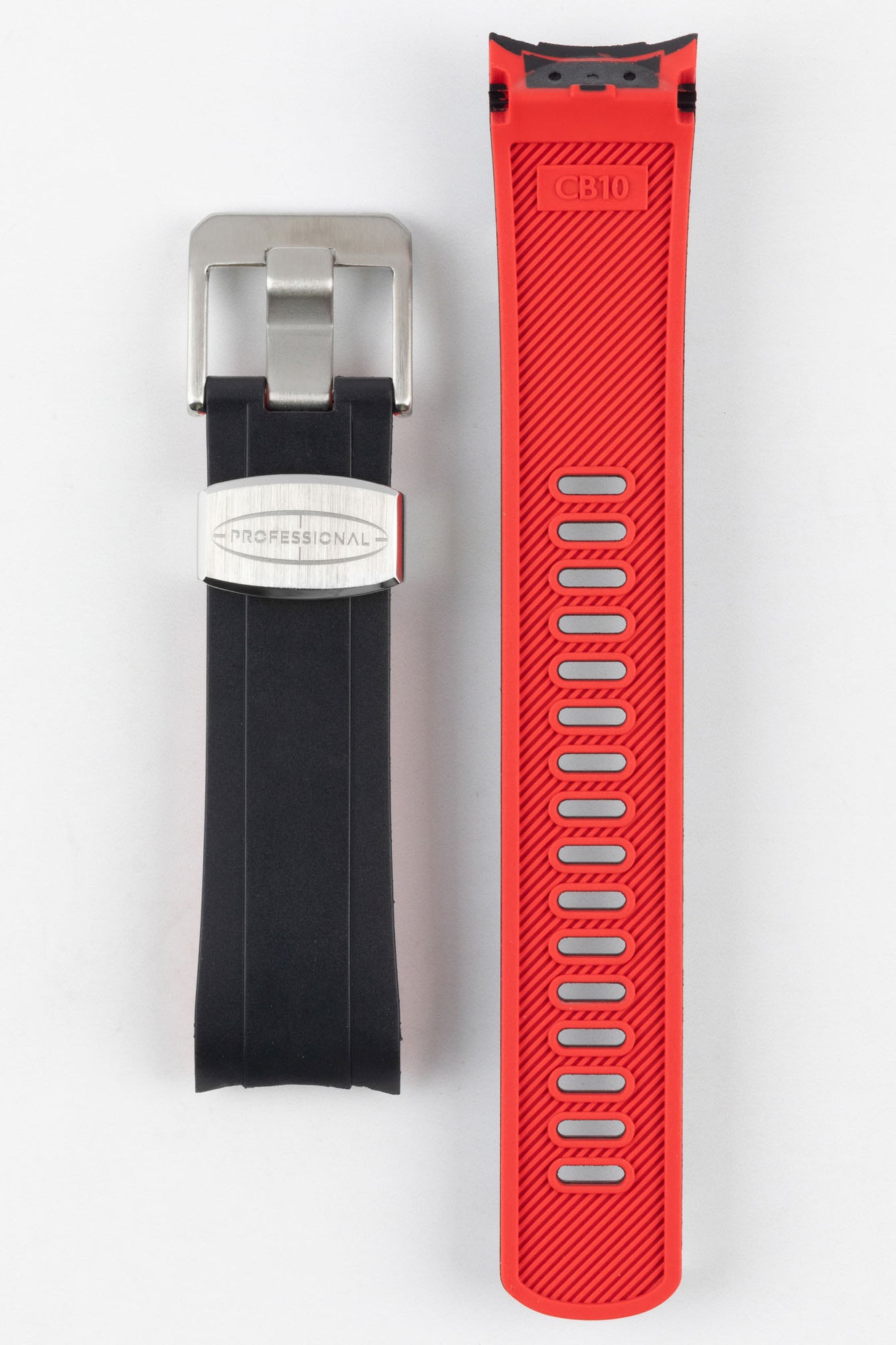 Crafter Blue CB10 Rubber watch strap for seiko 5 sports series with brushed stainless steel buckle and embossed keeper in black overlayer and red under layer