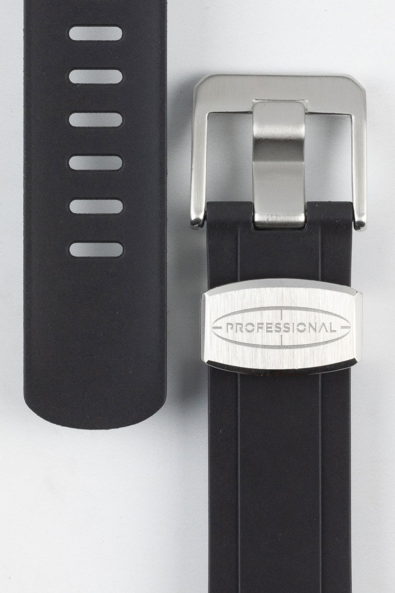 Close up of black Crafter Blue CB10-F rubber dive strap with brushed stainless steel buckle and keeper