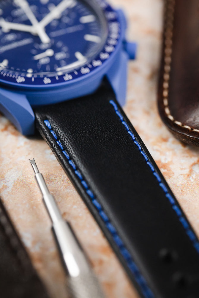 Di-Modell DENVER Calf Leather Watch Strap in BLACK With BLUE Stitching