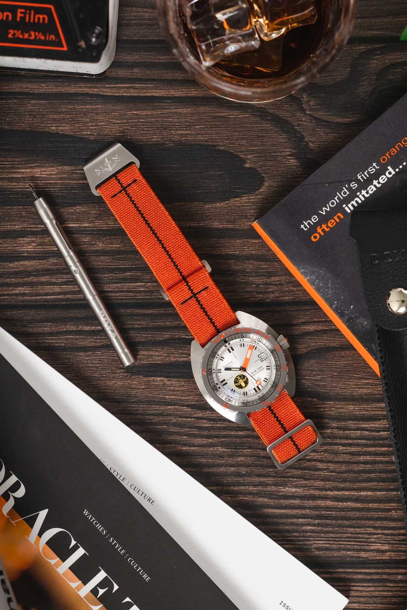 Erika's Originals ORANGE MN™ Strap with BLACK Centerline - BRUSHED Hardware