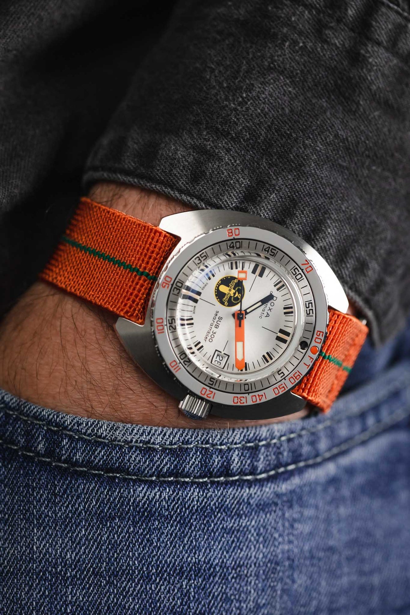 Erika's Originals ORANGE MN™ Strap with GREEN Centerline - BRUSHED Hardware