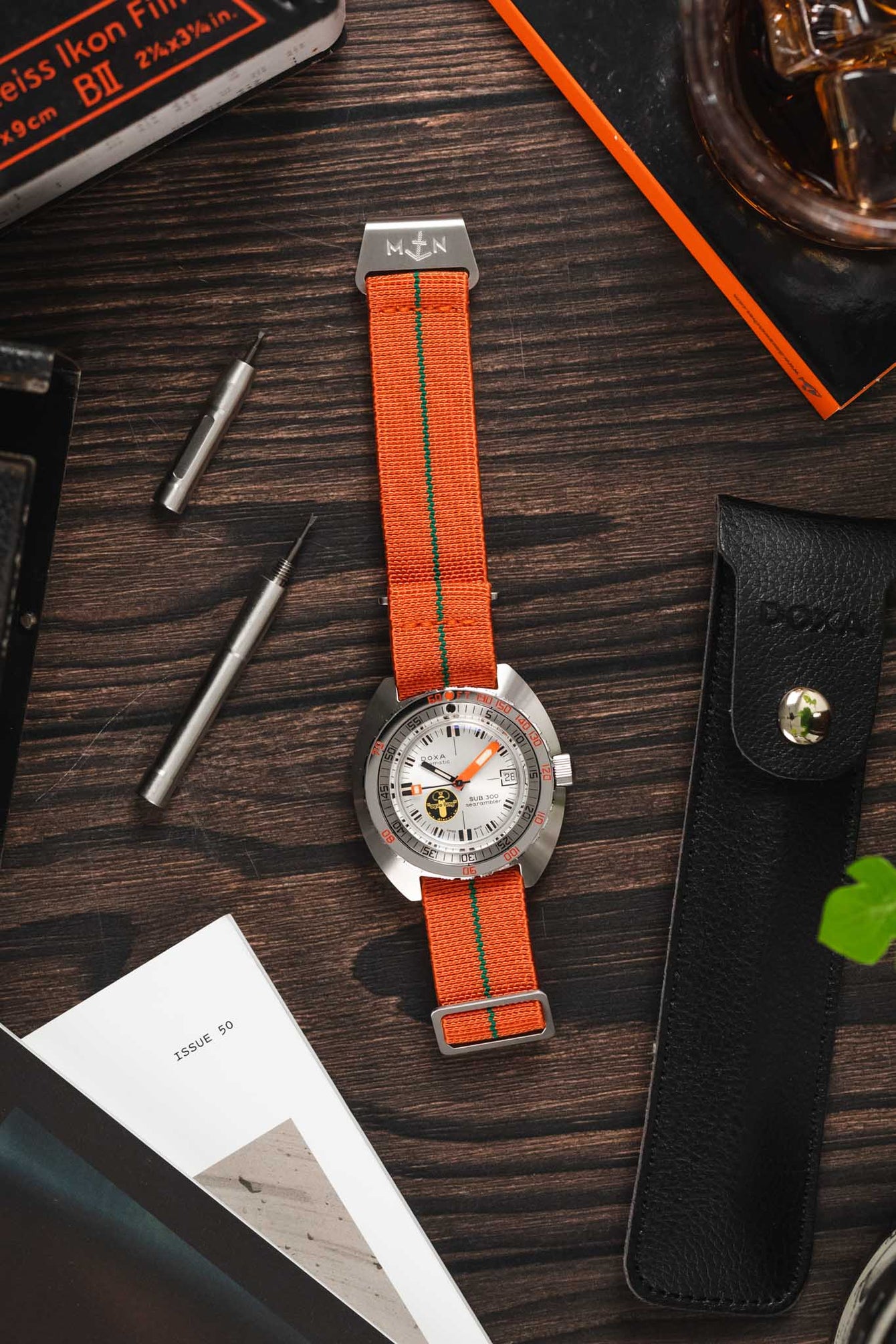 Erika's Originals ORANGE MN™ Strap with GREEN Centerline - BRUSHED Hardware