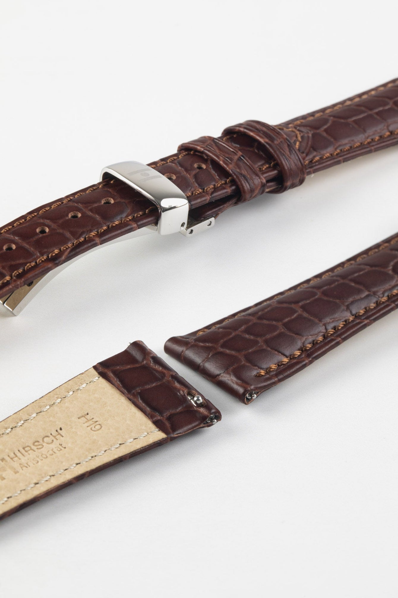 Hirsch ARISTOCRAT Croco-Embossed Leather Watch Strap in BROWN