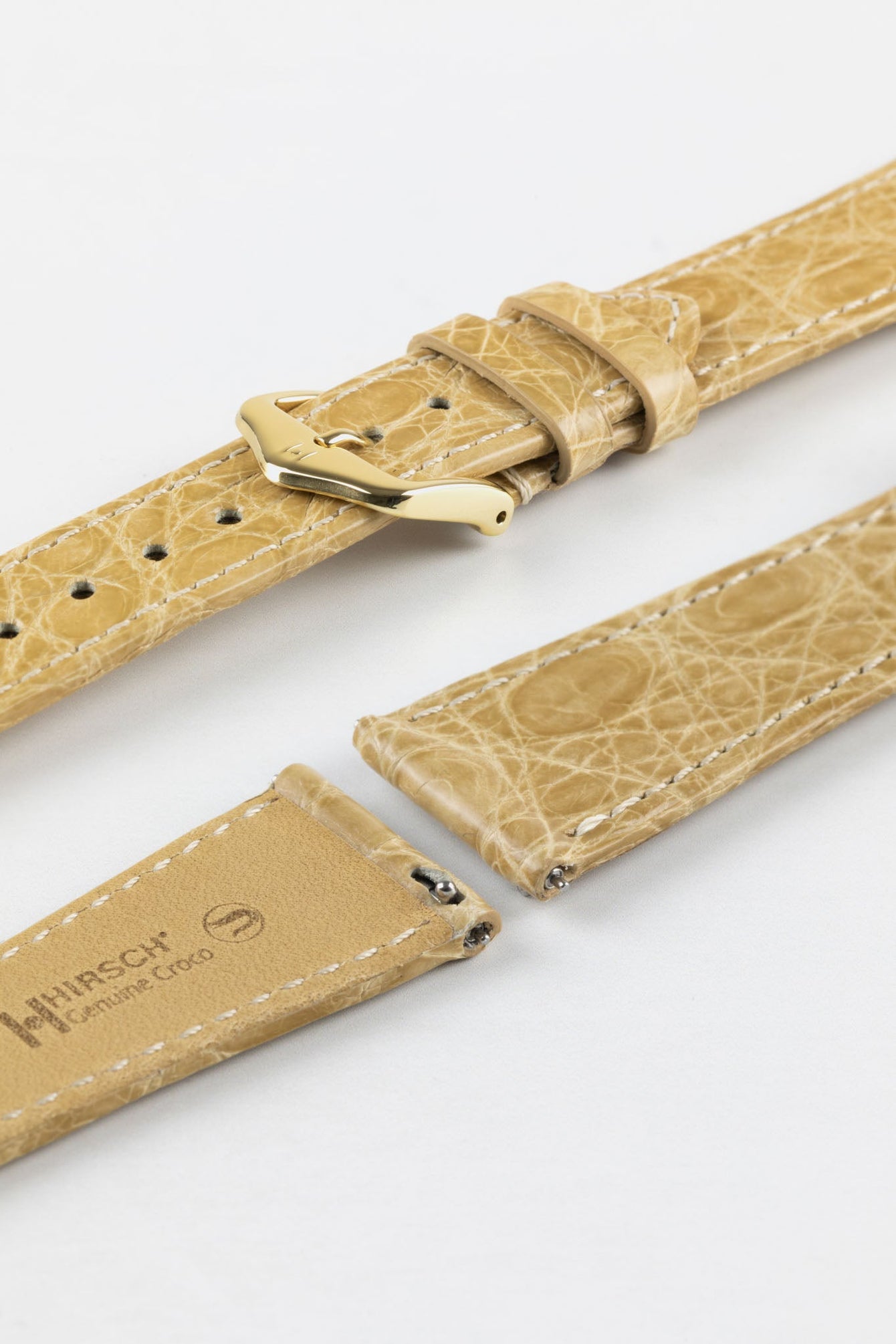 Hirsch GENUINE CROCO Shiny Crocodile Leather Watch Strap in BEIGE