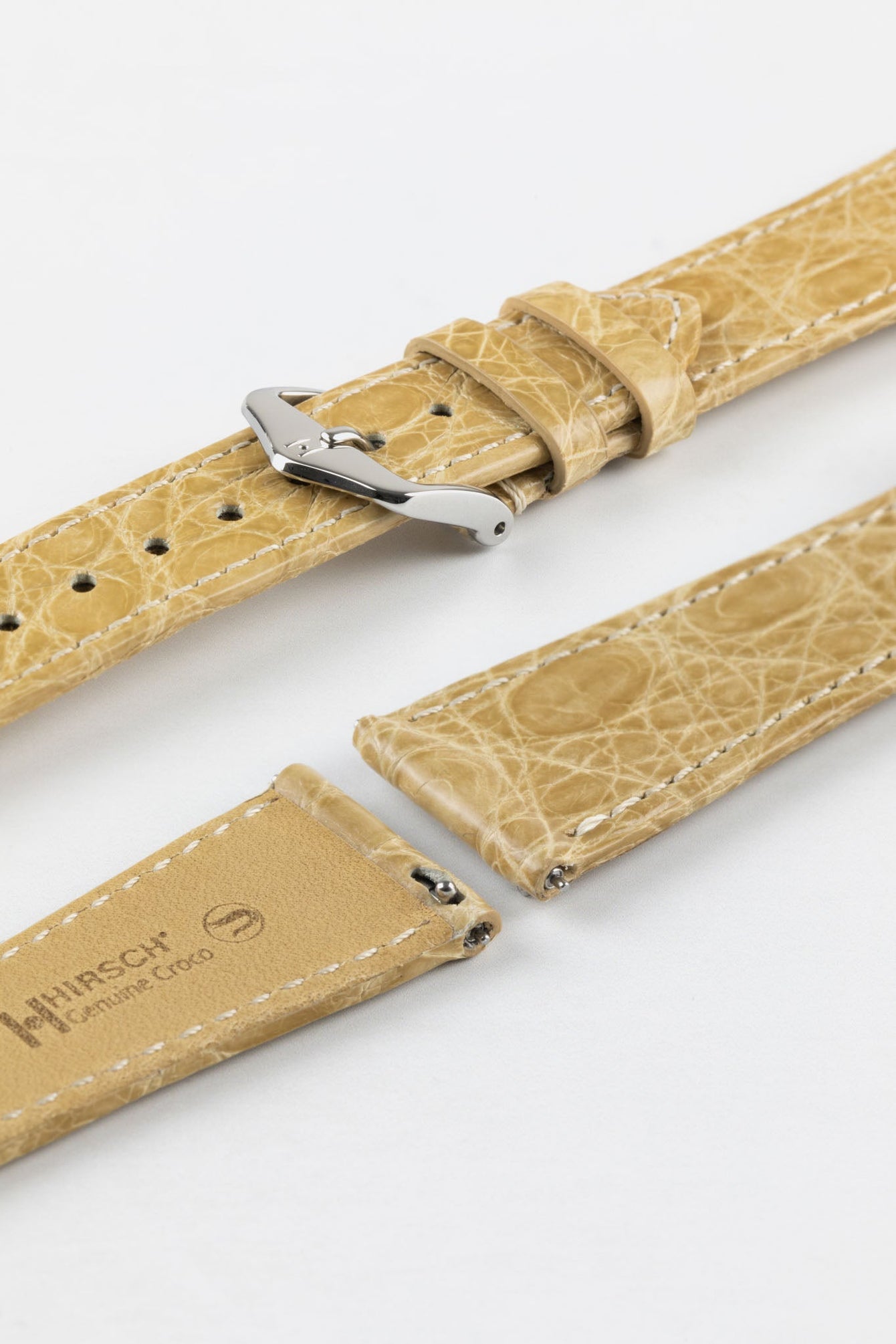 Hirsch GENUINE CROCO Shiny Crocodile Leather Watch Strap in BEIGE