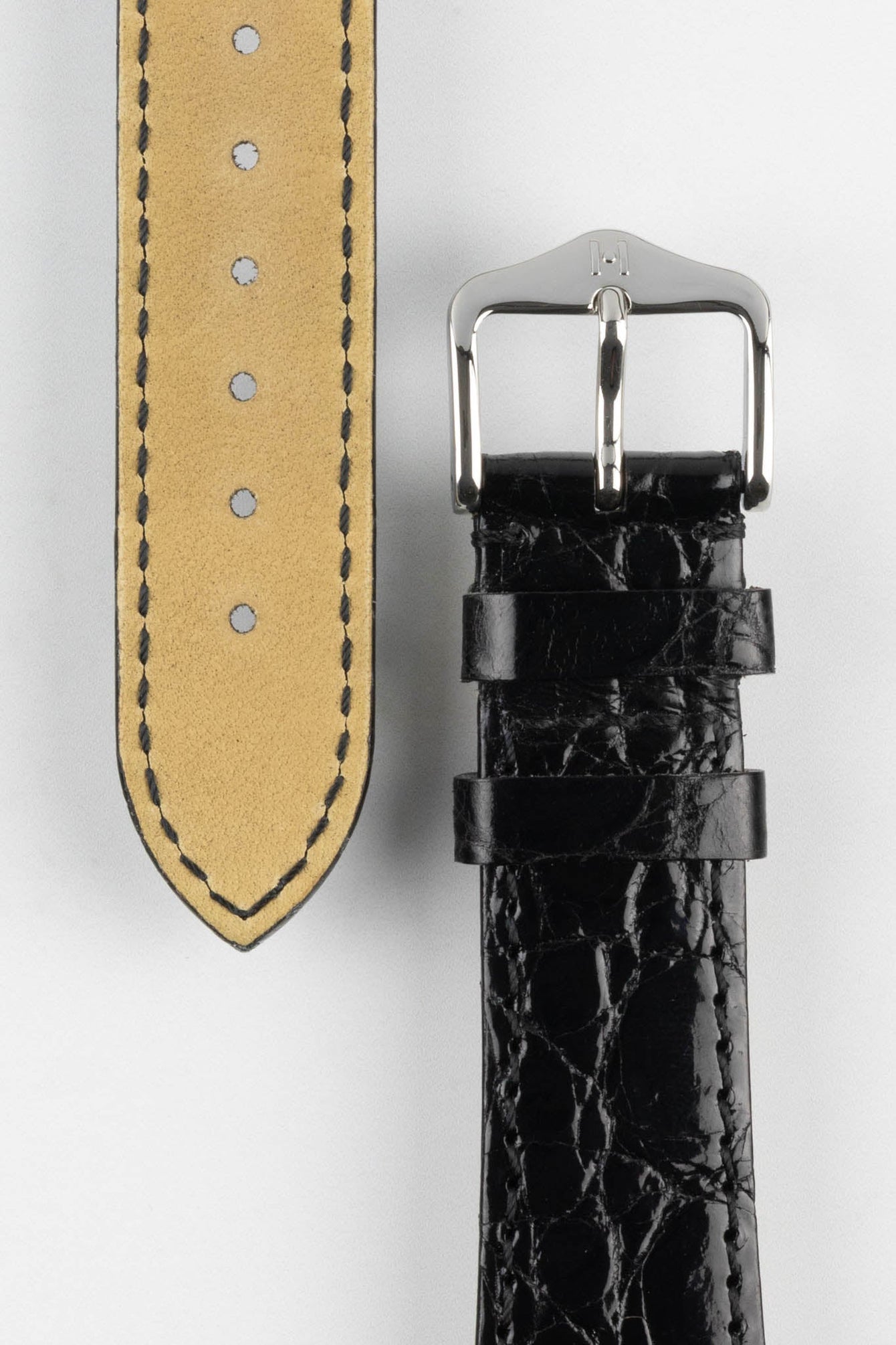 Hirsch GENUINE CROCO Shiny Crocodile Leather Watch Strap in BLACK