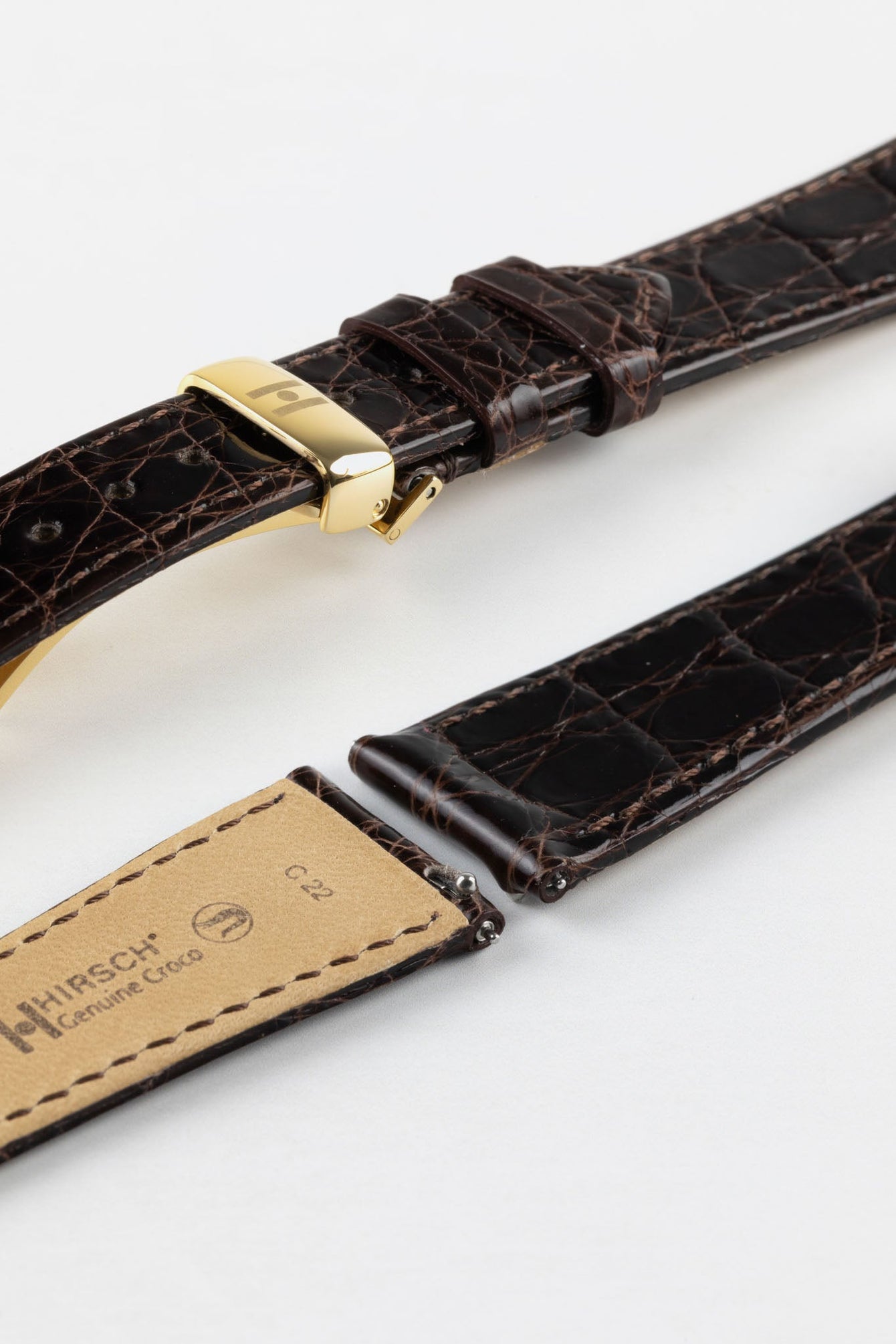 Hirsch GENUINE CROCO Shiny Crocodile Leather Watch Strap in BROWN