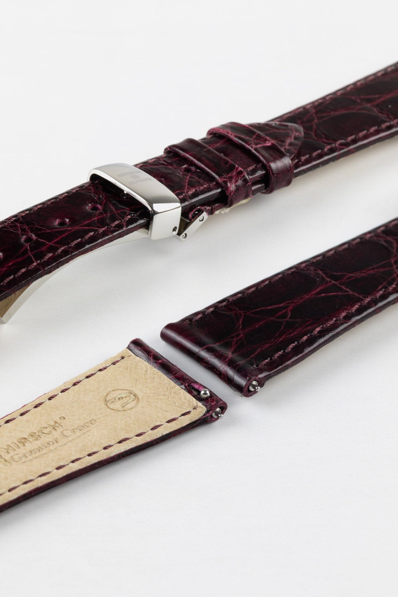 Hirsch GENUINE CROCO Shiny Crocodile Leather Watch Strap in BURGUNDY