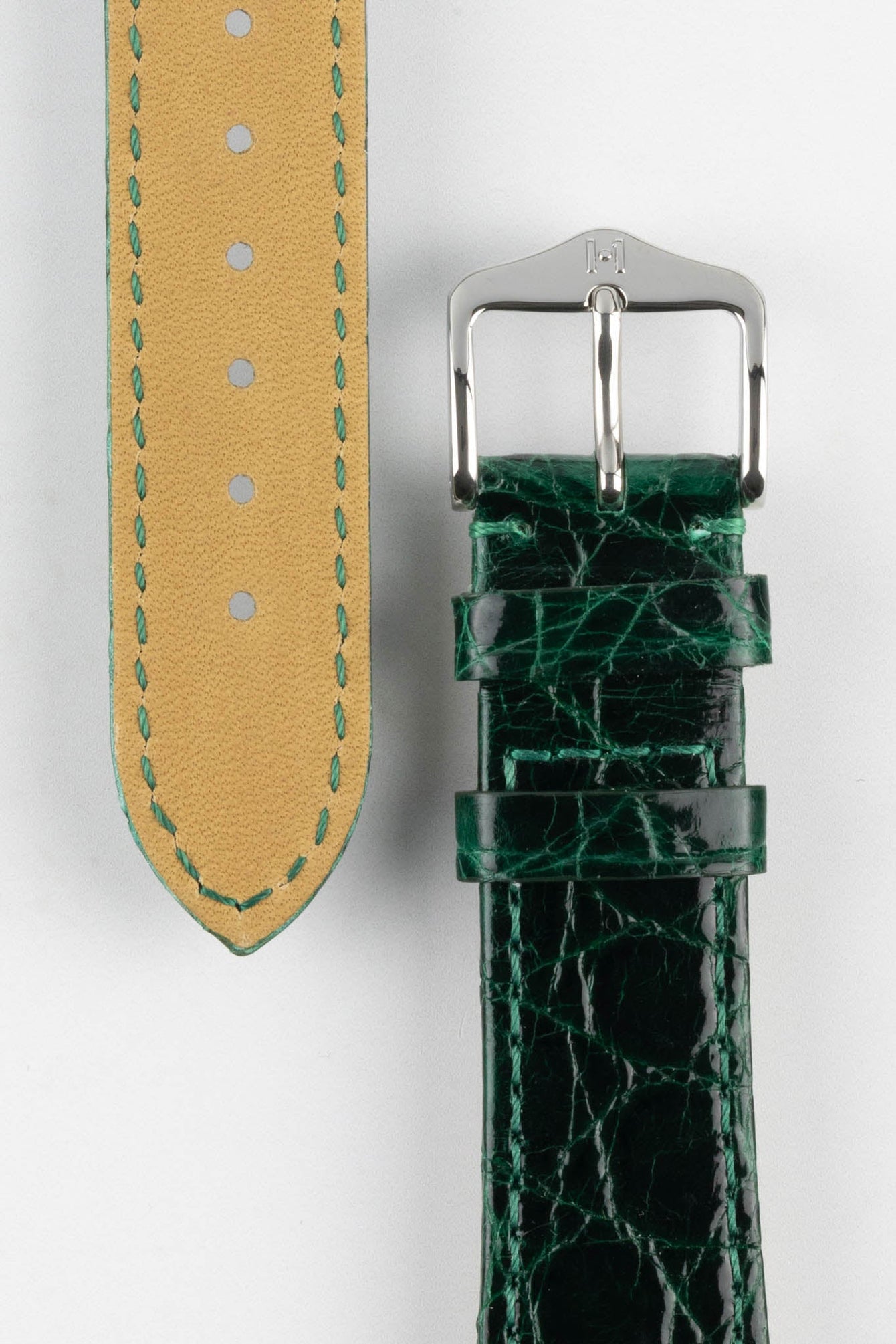 Hirsch GENUINE CROCO Shiny Crocodile Leather Watch Strap in GREEN