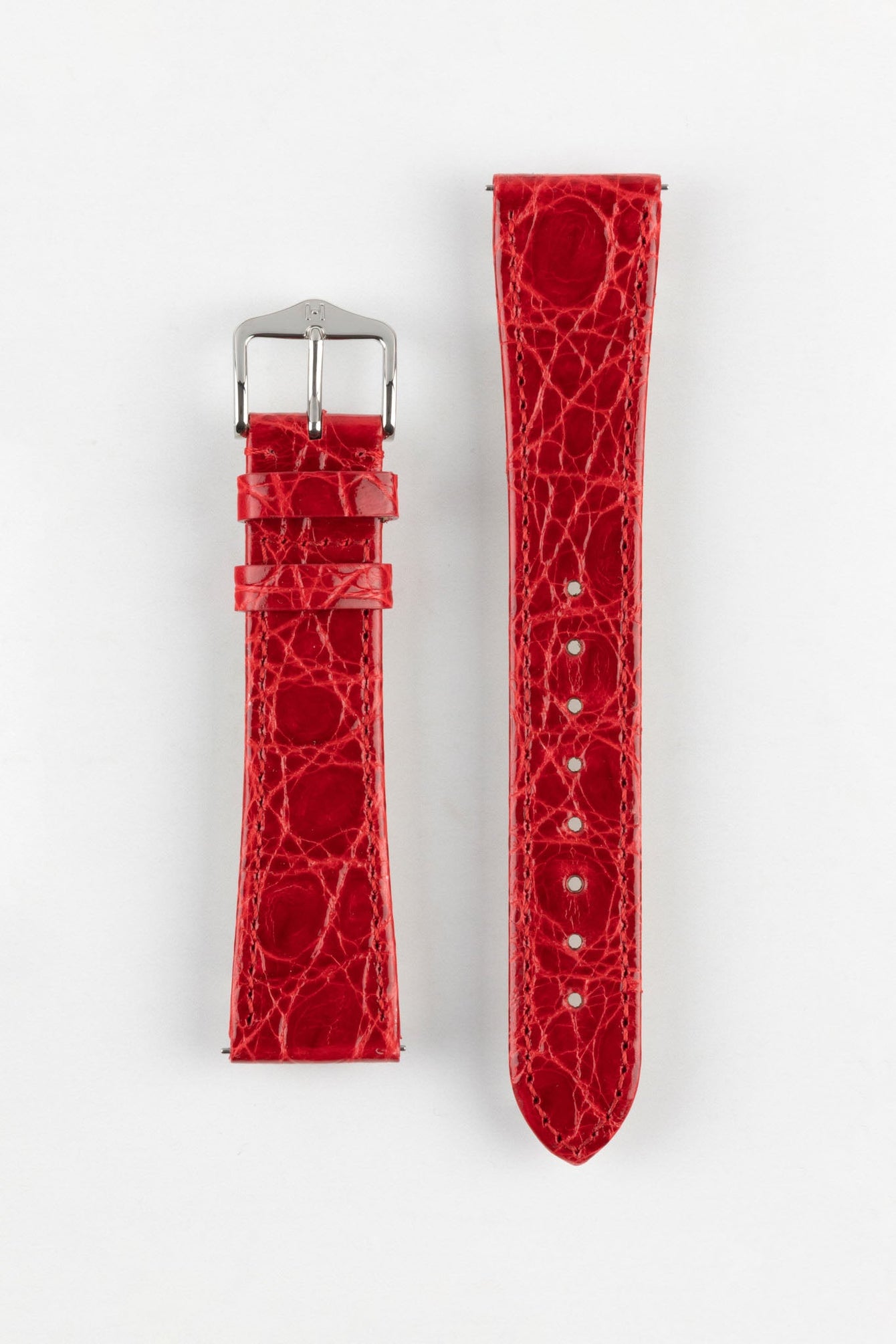 Hirsch GENUINE CROCO Shiny Crocodile Leather Watch Strap in RED