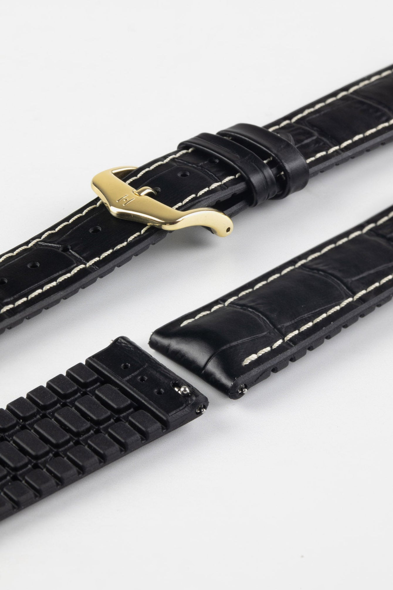 Hirsch GEORGE Alligator Embossed Performance Watch Strap in BLACK/WHITE