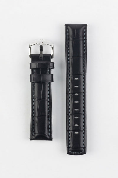 Hirsch GRAND DUKE Water-Resistant Alligator Embossed Sport Watch Strap in BLACK / BLACK