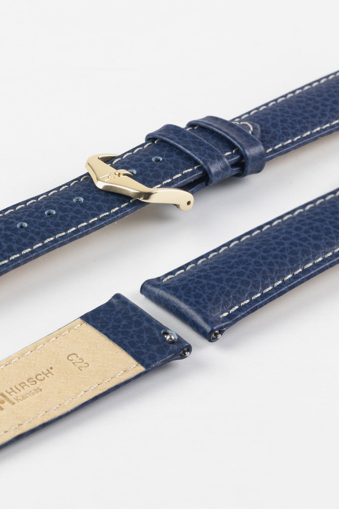 Hirsch KANSAS Buffalo-Embossed Calf Leather Watch Strap in BLUE with White Stitch