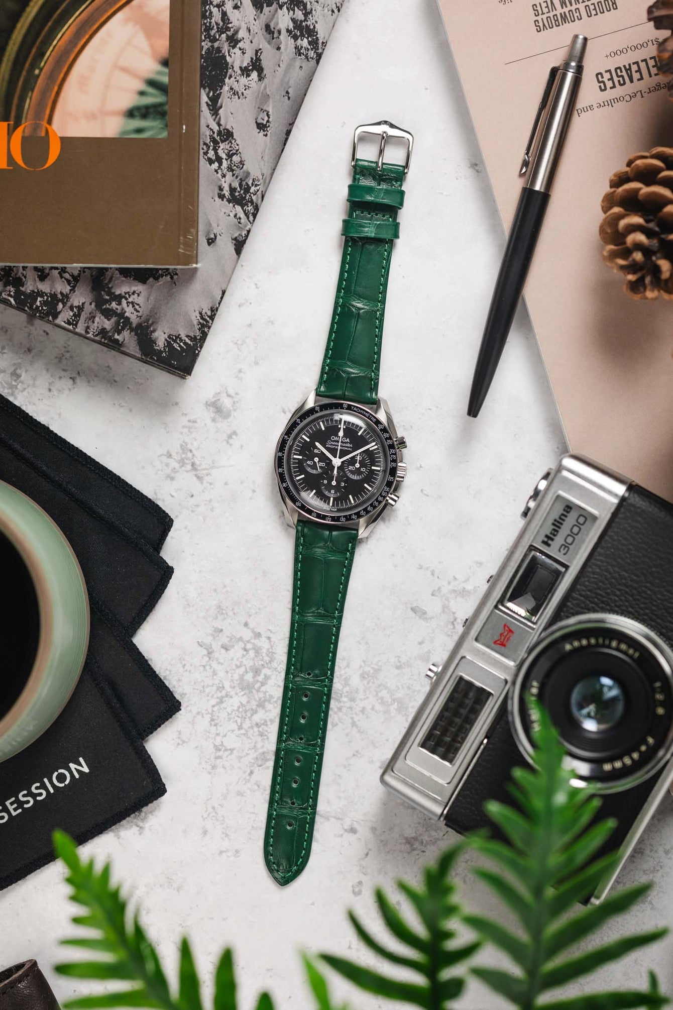 Hirsch LONDON Matt Dark Green Alligator Leather Watch Strap