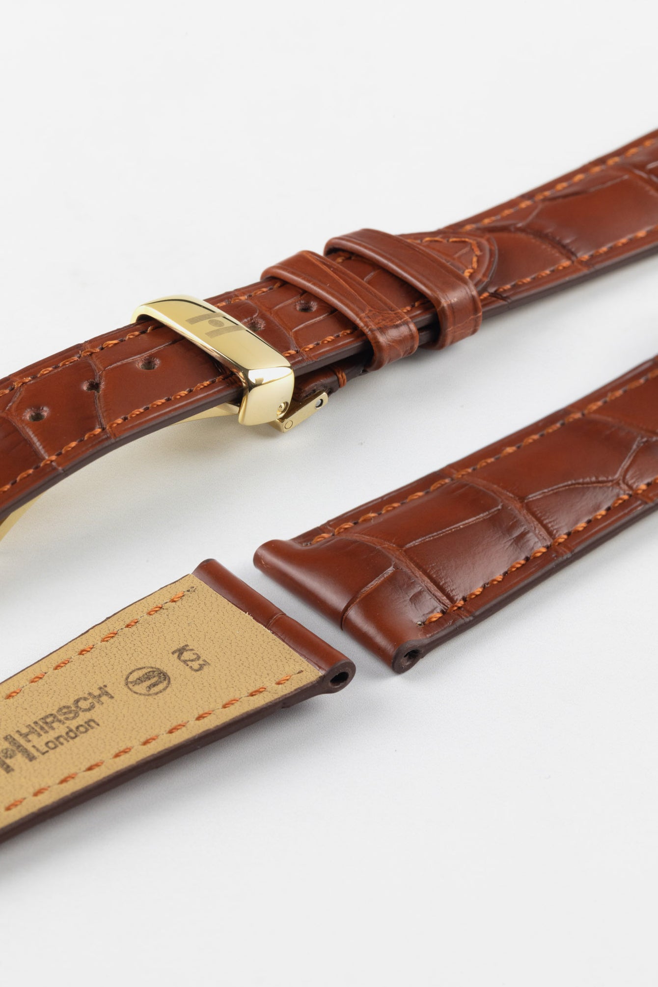 Hirsch LONDON NQR Matt Alligator Leather Watch Strap in GOLD BROWN