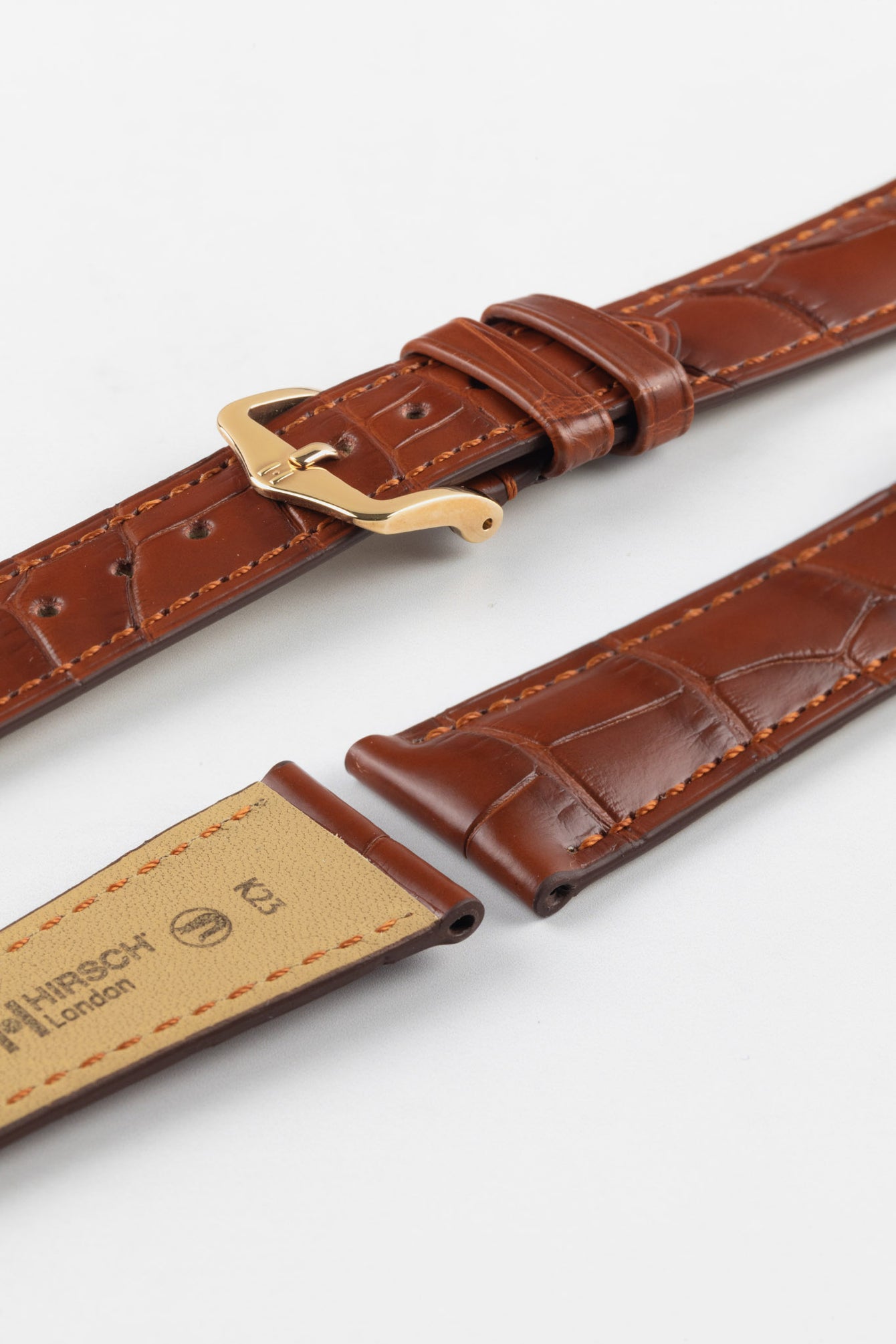 Hirsch LONDON NQR Matt Alligator Leather Watch Strap in GOLD BROWN