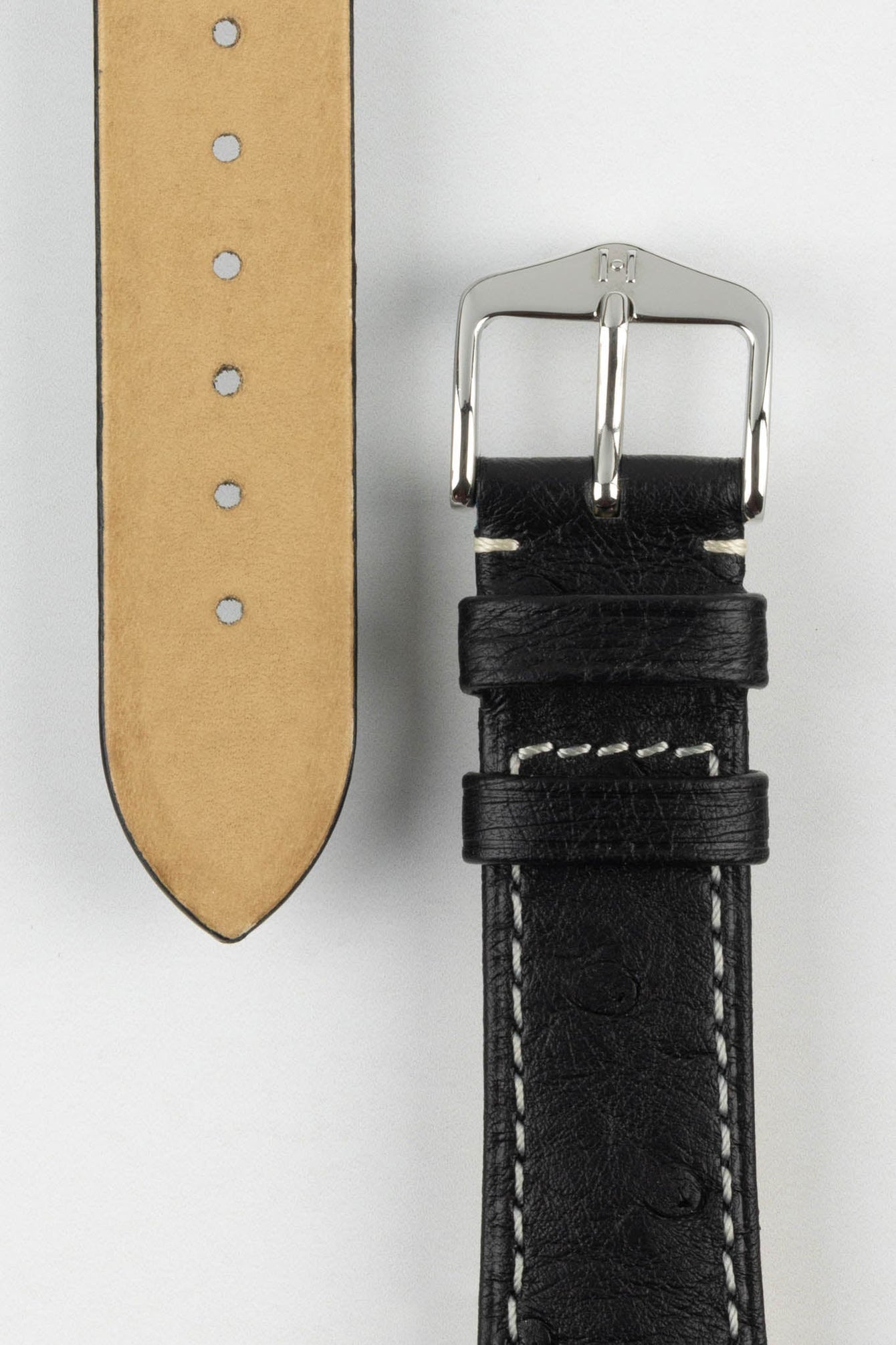 Hirsch MASSAI OSTRICH Leather Watch Strap in BLACK With WHITE Stitching