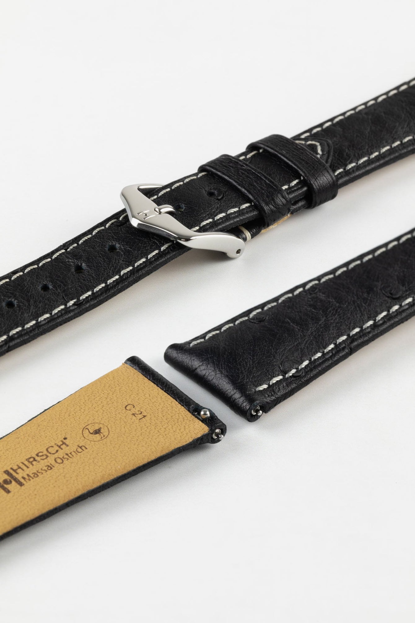 Hirsch MASSAI OSTRICH Leather Watch Strap in BLACK With WHITE Stitching