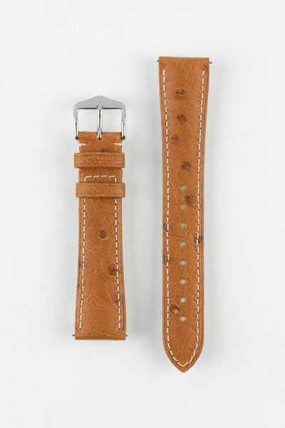 Hirsch MASSAI OSTRICH Leather Watch Strap in GOLD BROWN With WHITE Stitching