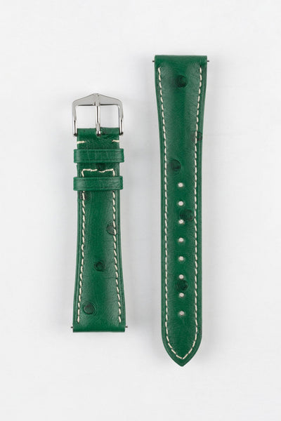 Hirsch MASSAI OSTRICH Leather Watch Strap in GREEN With WHITE Stitching