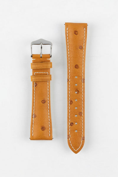 Hirsch MASSAI OSTRICH Leather Watch Strap in HONEY With WHITE Stitching