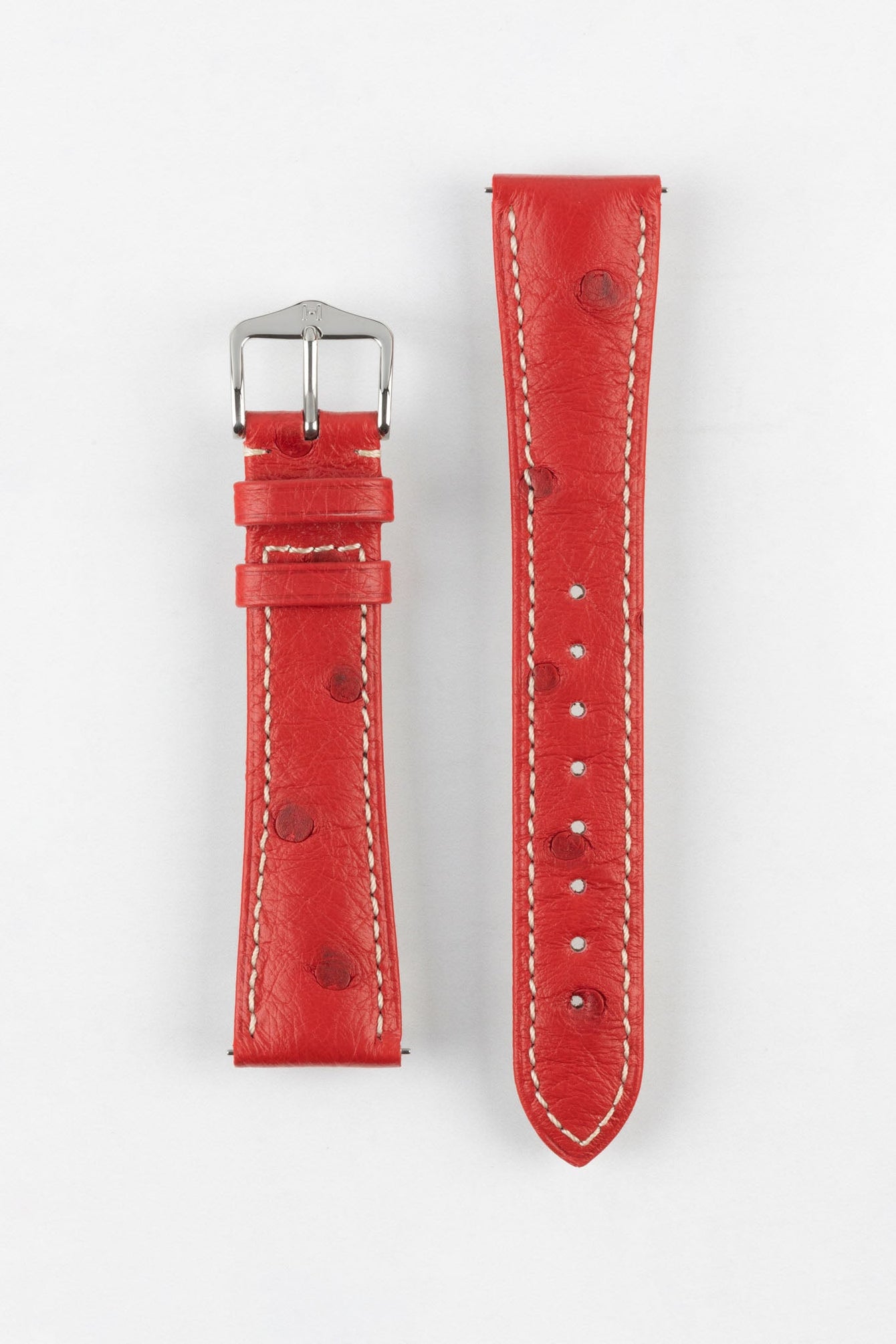 Hirsch MASSAI OSTRICH Leather Watch Strap in RED With WHITE Stitching