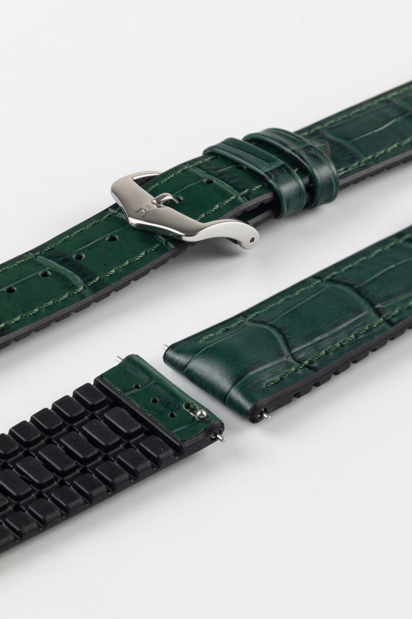 Hirsch Paul in Green buckled with Hirsch logo embossed silver buckle and rubber underside featuring quick release mechanism