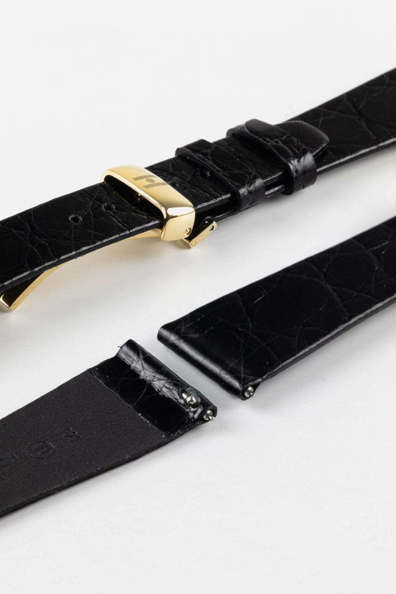 Hirsch PRESTIGE Shiny Genuine Crocodile Leather Watch Strap in BLACK