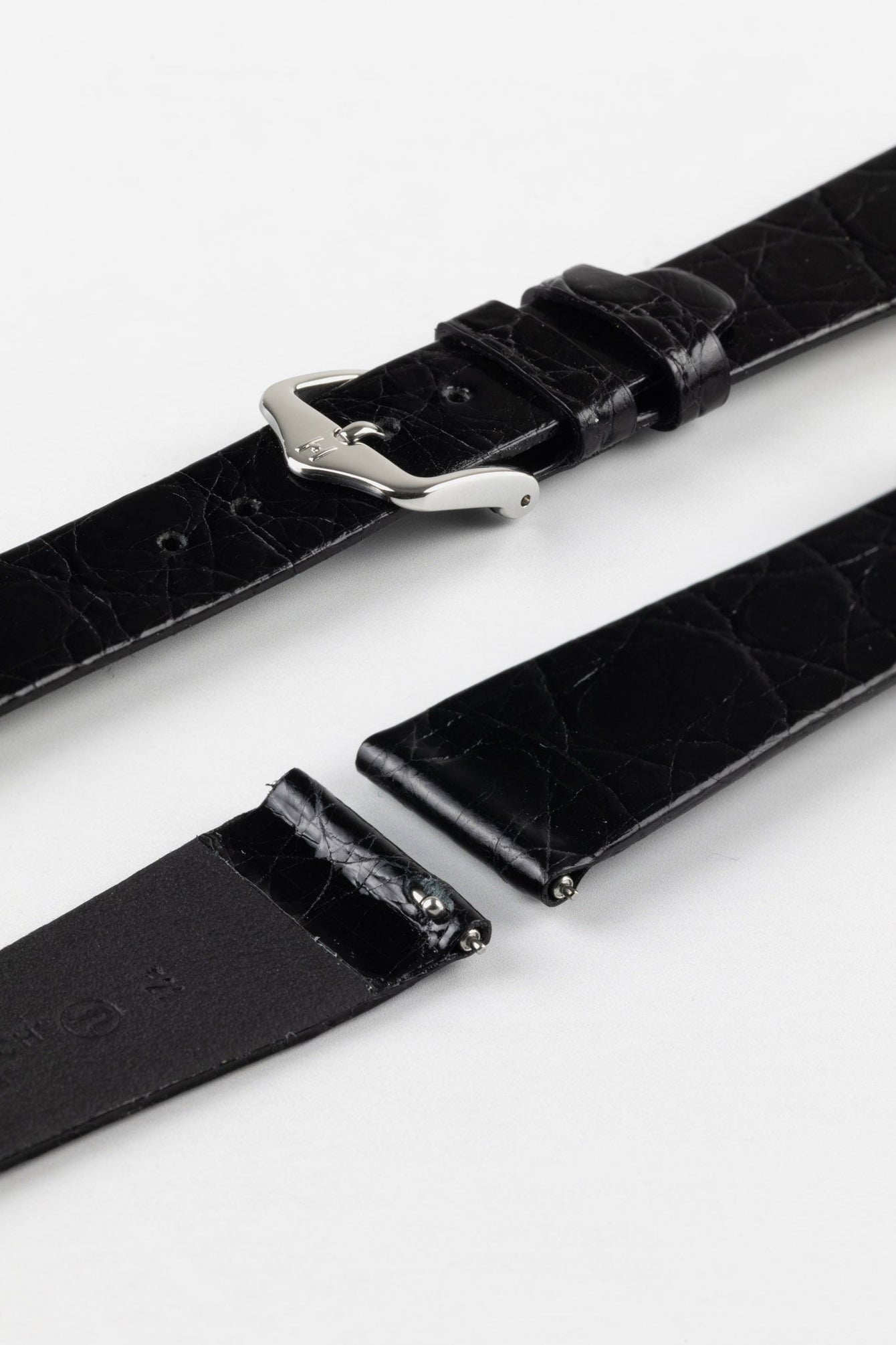 Hirsch PRESTIGE Shiny Genuine Crocodile Leather Watch Strap in BLACK