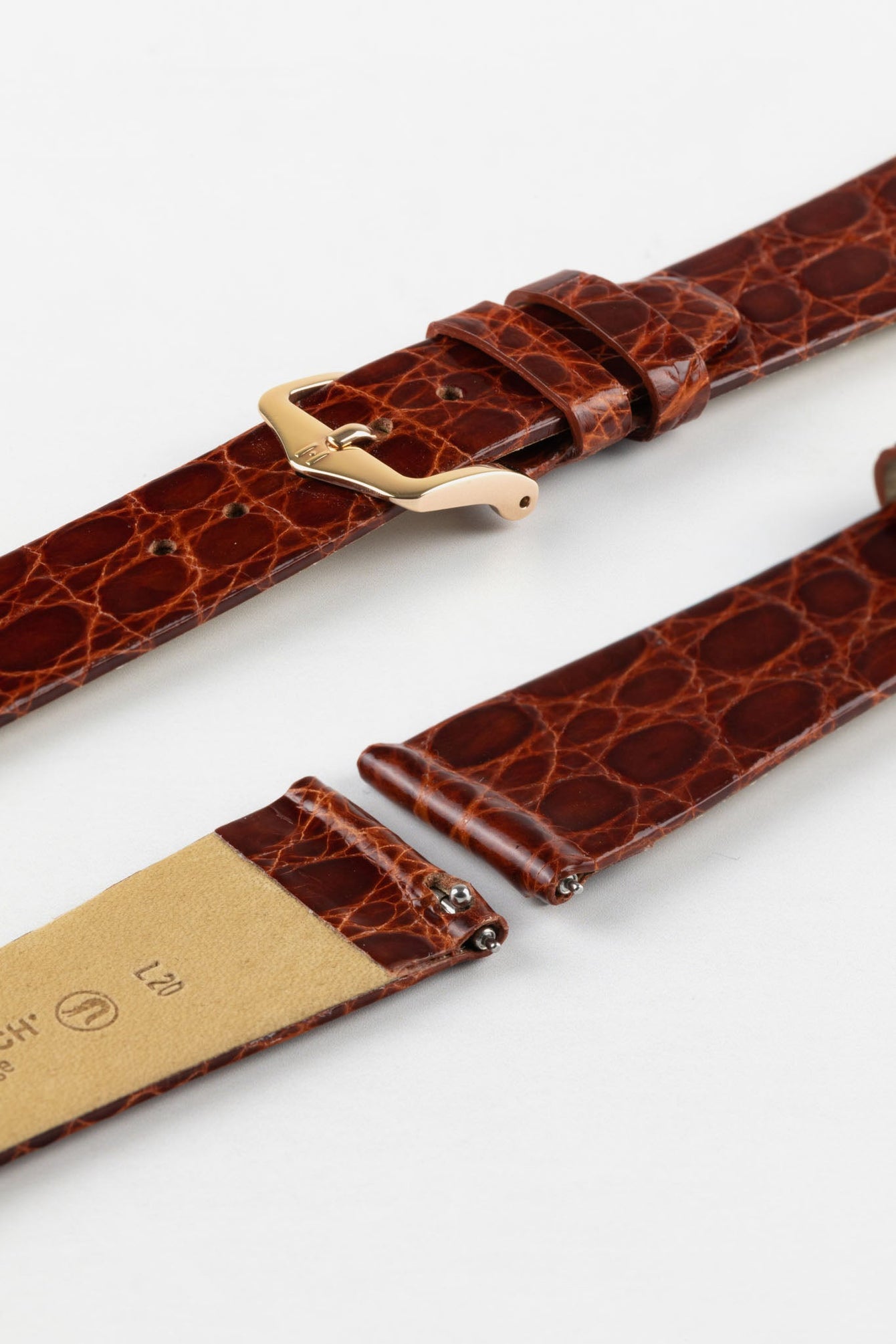 Hirsch PRESTIGE Shiny Genuine Crocodile Leather Watch Strap in GOLD BROWN