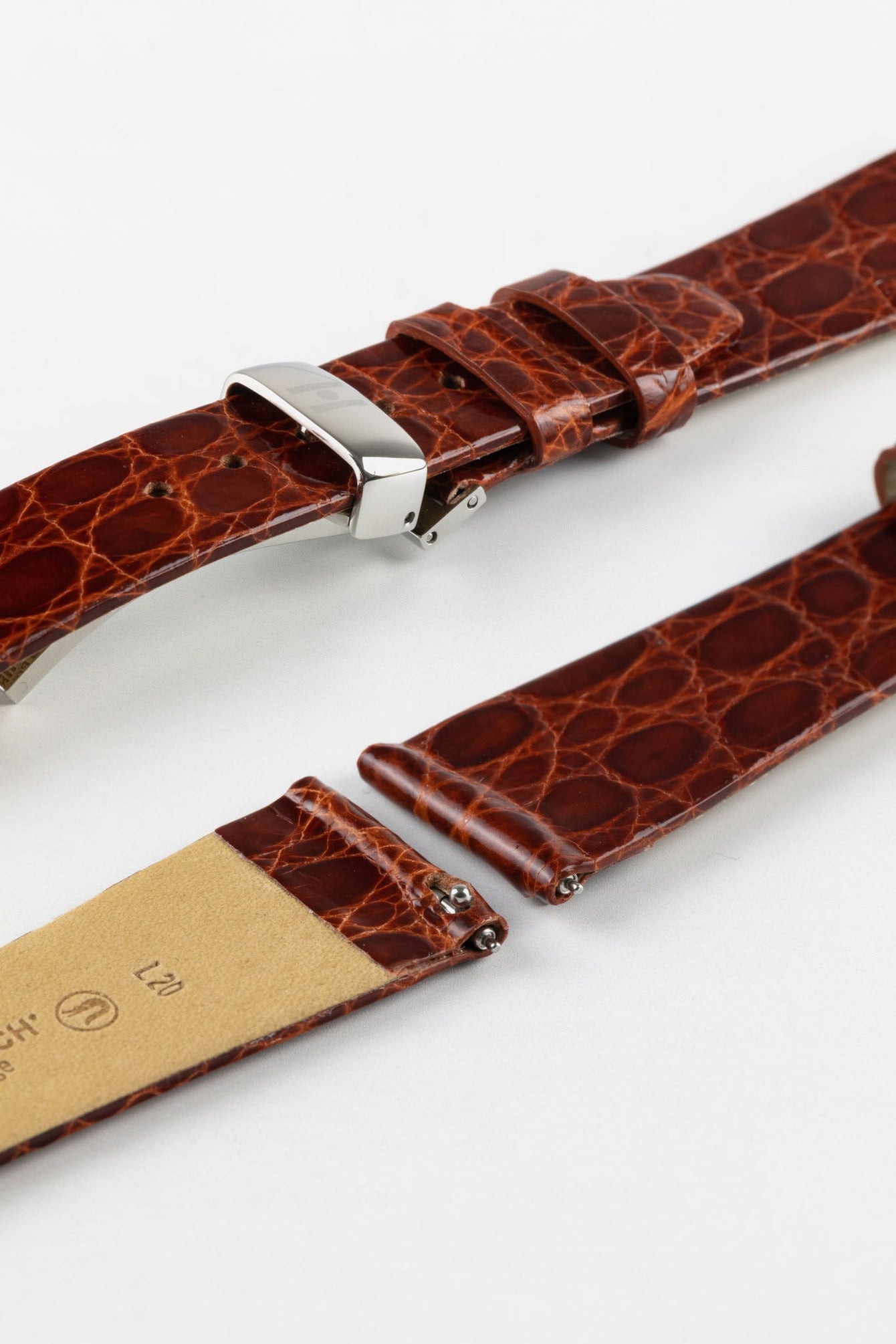 Hirsch PRESTIGE Shiny Genuine Crocodile Leather Watch Strap in GOLD BROWN