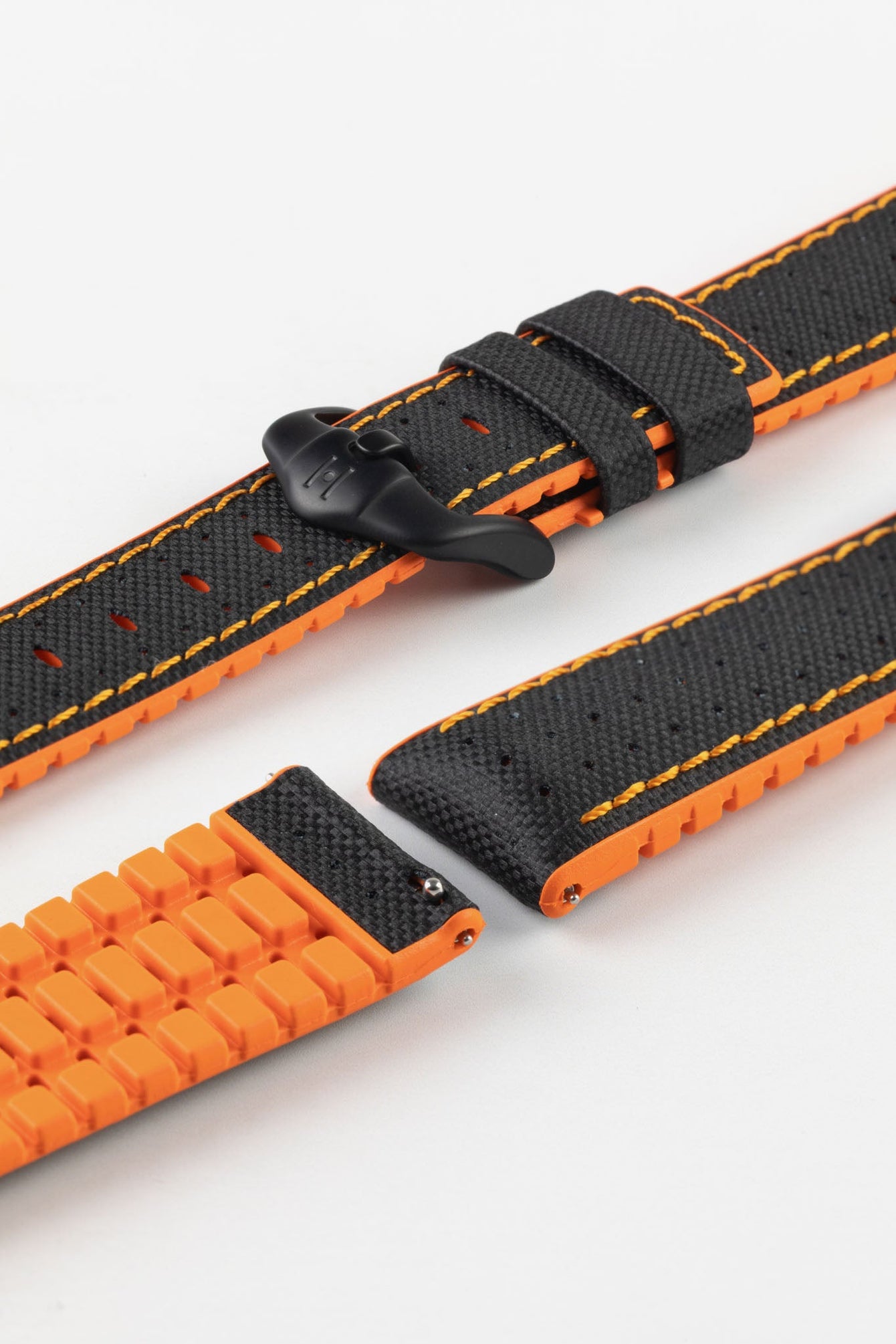 Hirsch Robby Sailcloth Effect Waterproof Performance Watch Strap in BLACK / ORANGE