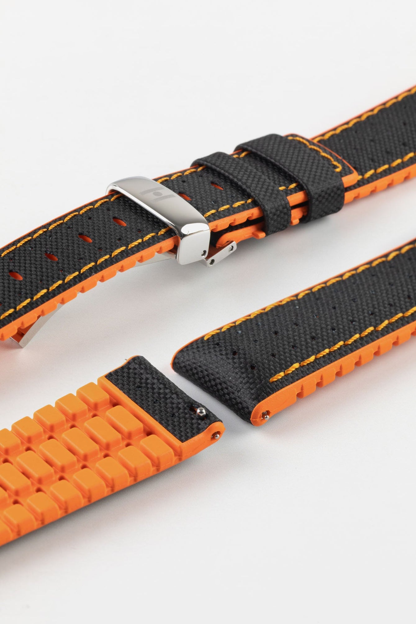 Hirsch Robby Sailcloth Effect Waterproof Performance Watch Strap in BLACK / ORANGE