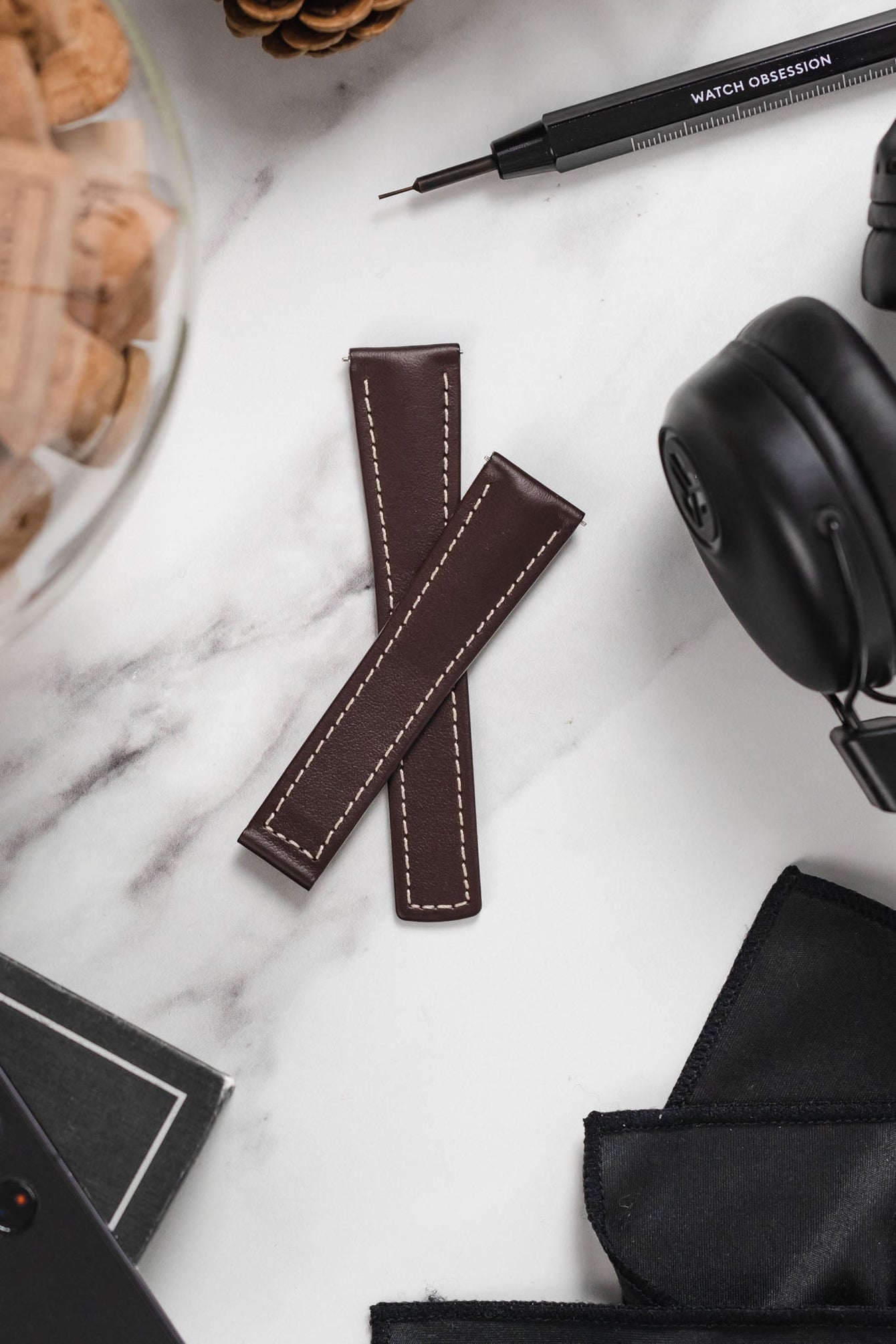 brown leather watch strap white stitching