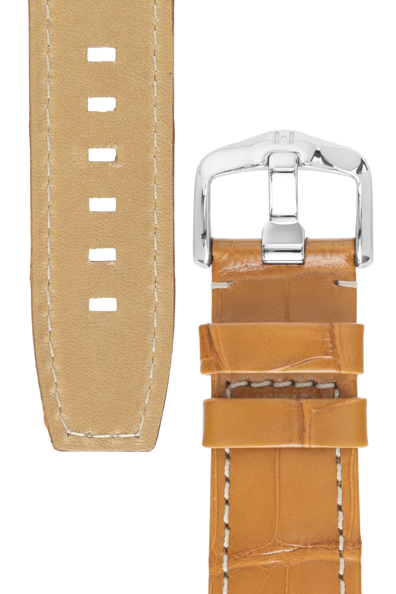 Hirsch TRITONE Padded Alligator Leather Watch Strap in HONEY With WHITE Stitching