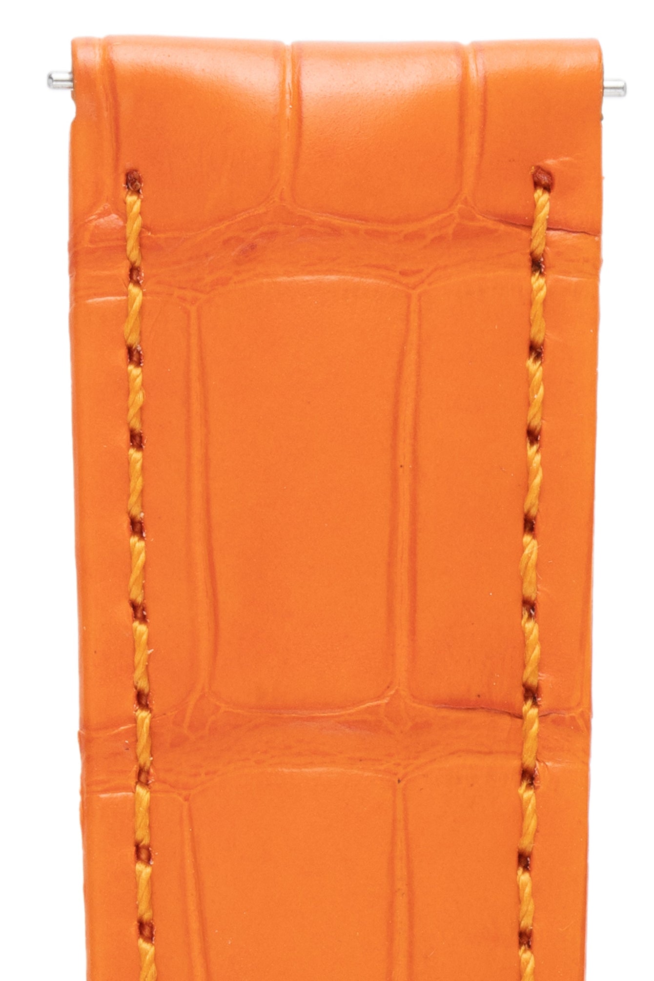 close-up of mens orange alligator watch strap