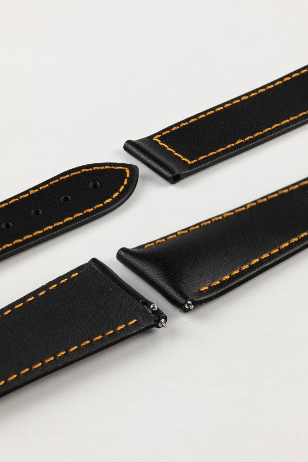 Hirsch VOYAGER Calfskin Deployment Watch Strap in BLACK/ORANGE