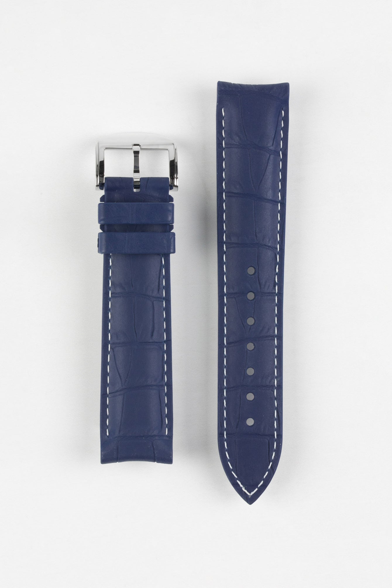 ISOSWISS SKINSKAN Alligator-Embossed Rubber Watch Strap in BLUE with White Stitch