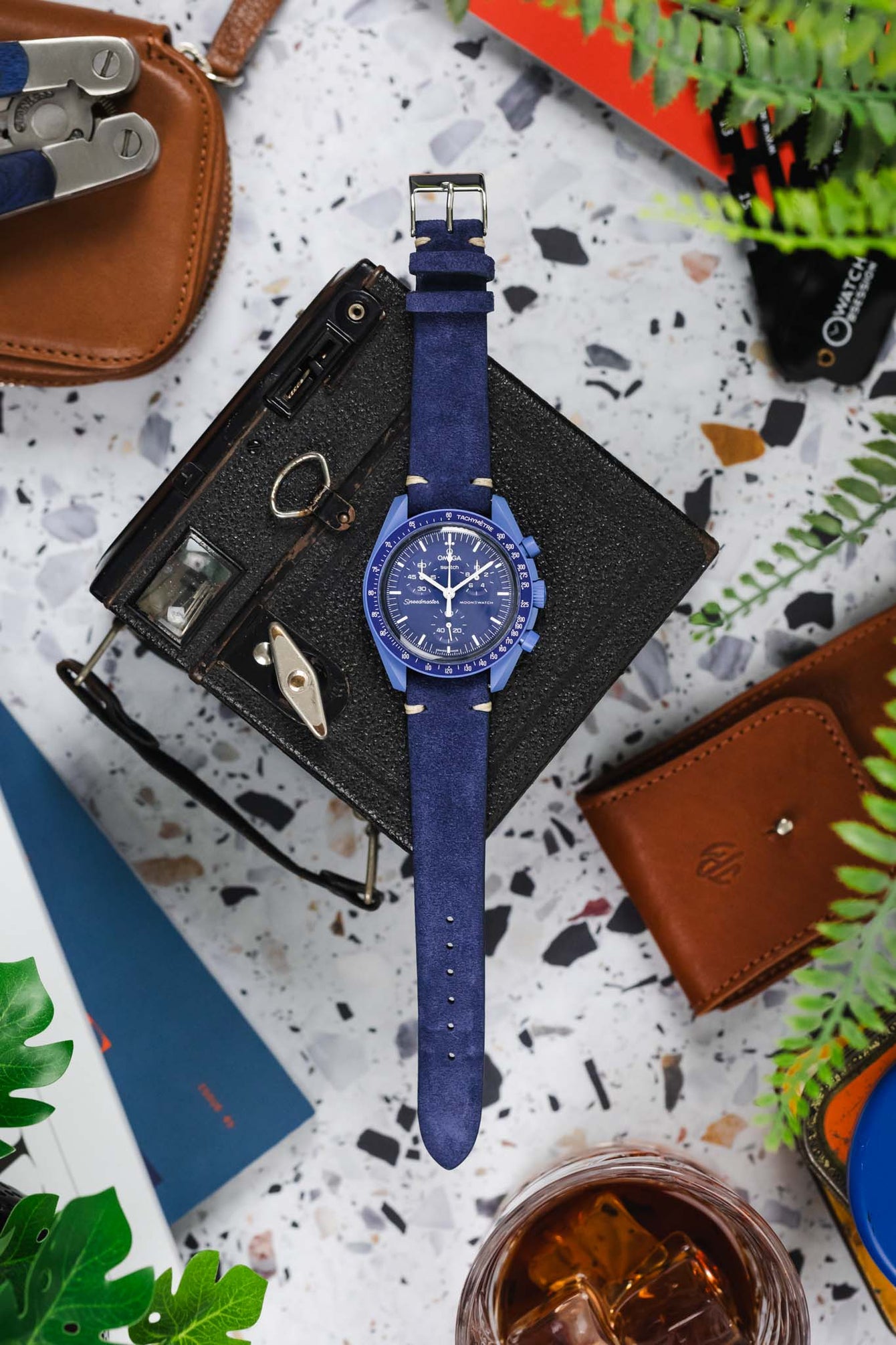 JPM Italian Vintage Suede Leather Watch Strap in BLUE