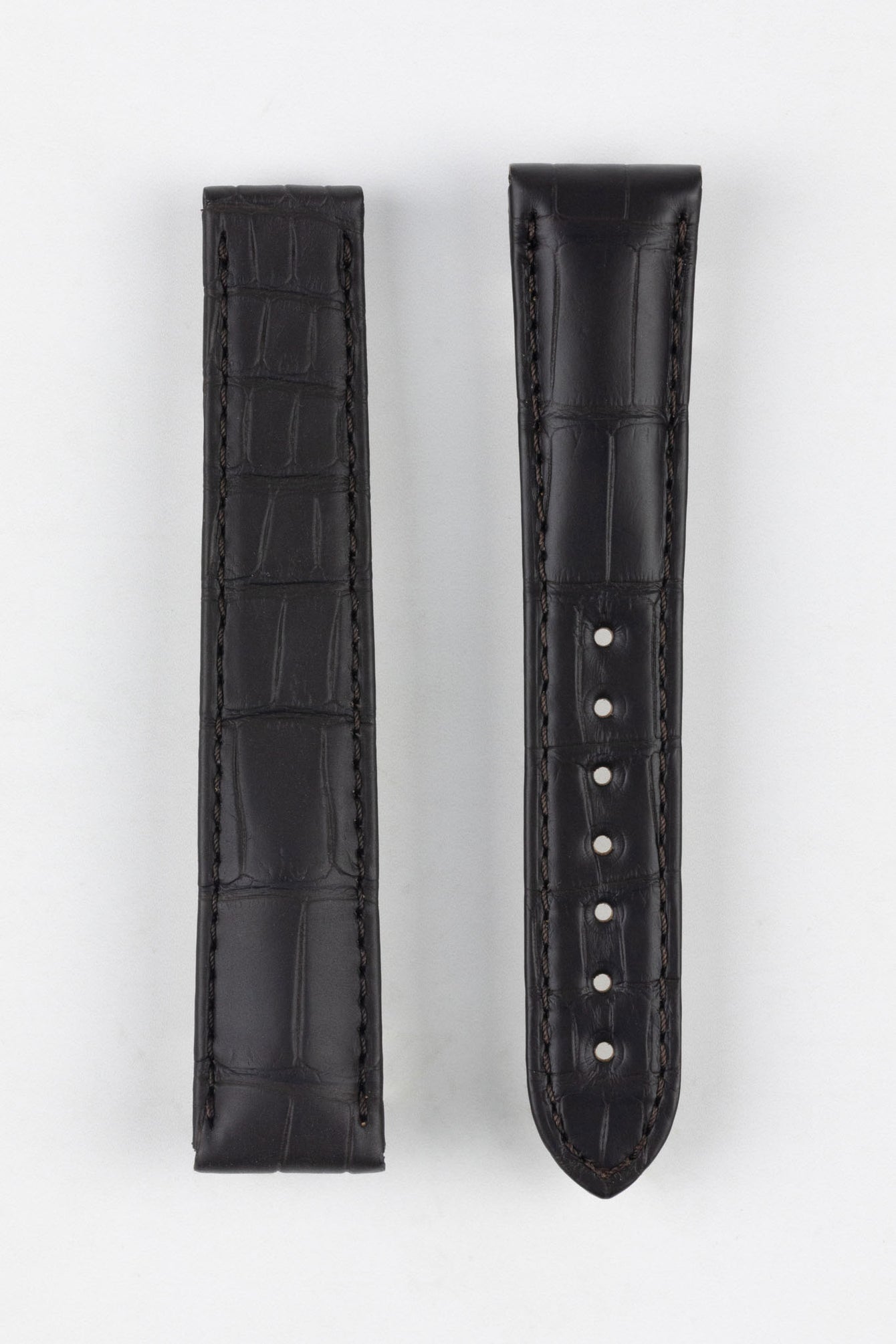 Image Showing Topside of Omega 98000275 Genuine Alligator Skin Watch Strap in Brown, the strap has a 19mm lug width.